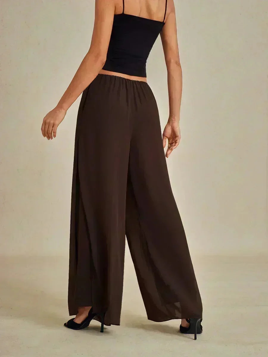 Pantaloni a Gamba Dritta con Sovrapposizione in Chiffon