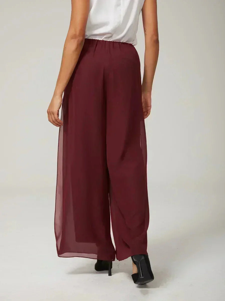 Pantaloni a Gamba Dritta con Sovrapposizione in Chiffon