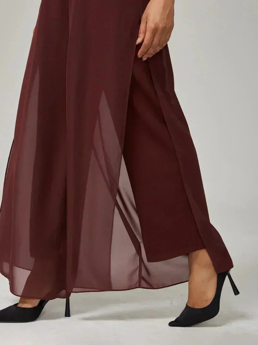Pantaloni a Gamba Dritta con Sovrapposizione in Chiffon