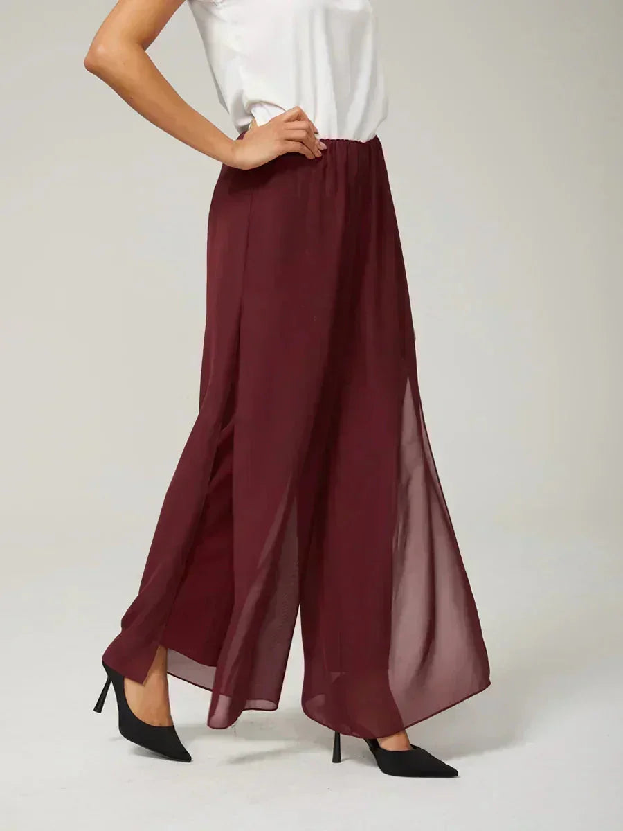 Pantaloni a Gamba Dritta con Sovrapposizione in Chiffon