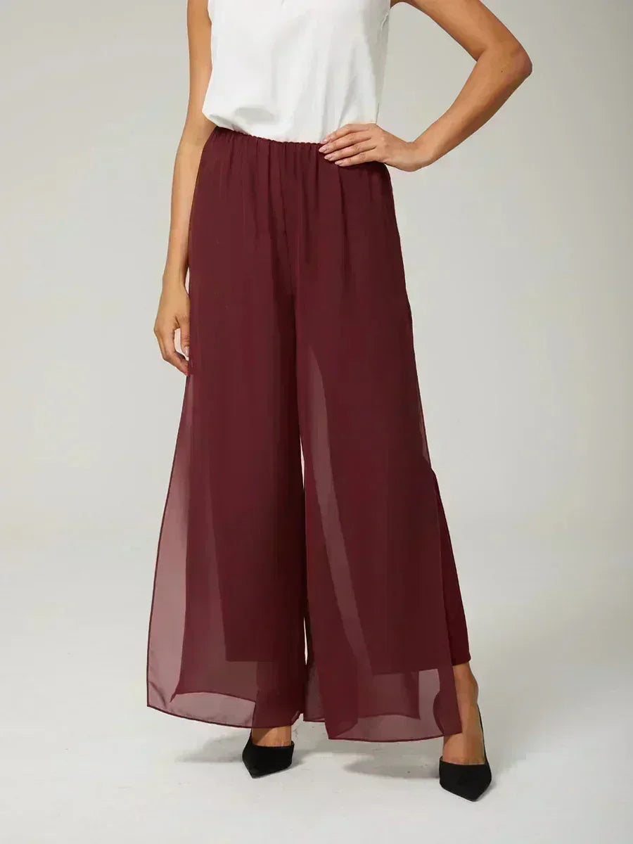 Pantaloni a Gamba Dritta con Sovrapposizione di Chiffon a Spacco