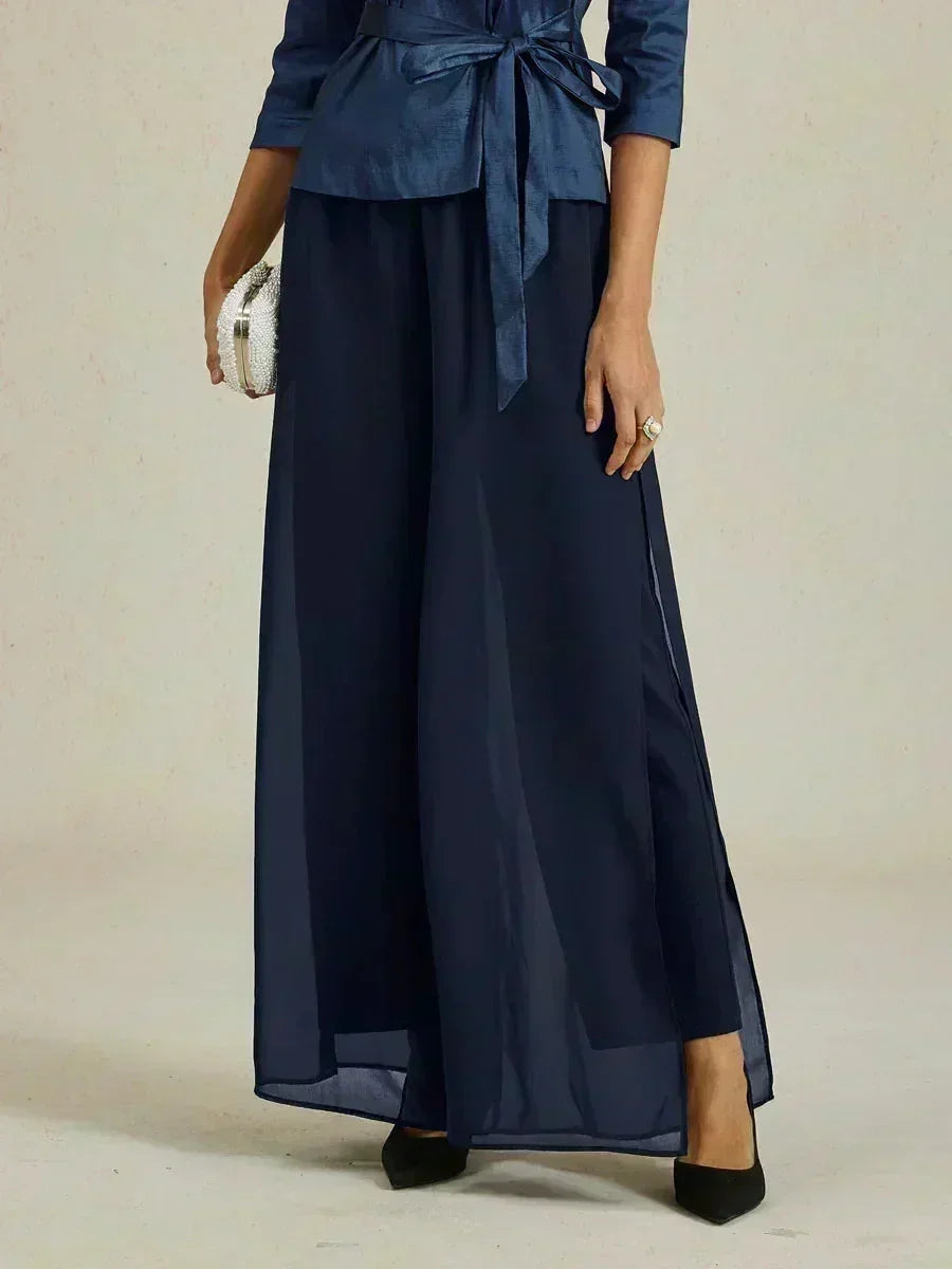 Pantaloni a Gamba Dritta con Sovrapposizione in Chiffon