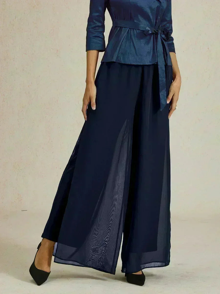 Pantaloni a Gamba Dritta con Sovrapposizione di Chiffon a Spacco