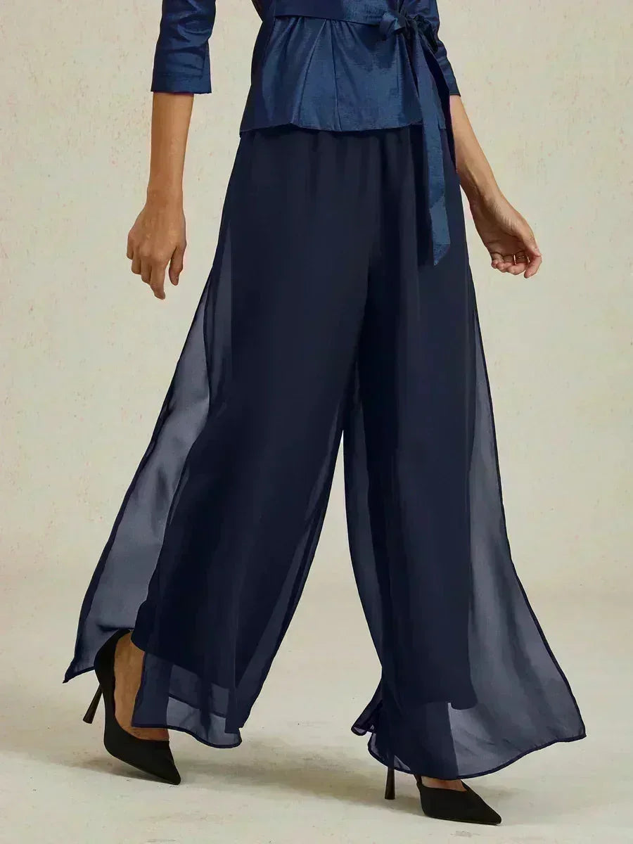 Pantaloni a Gamba Dritta con Sovrapposizione di Chiffon a Spacco