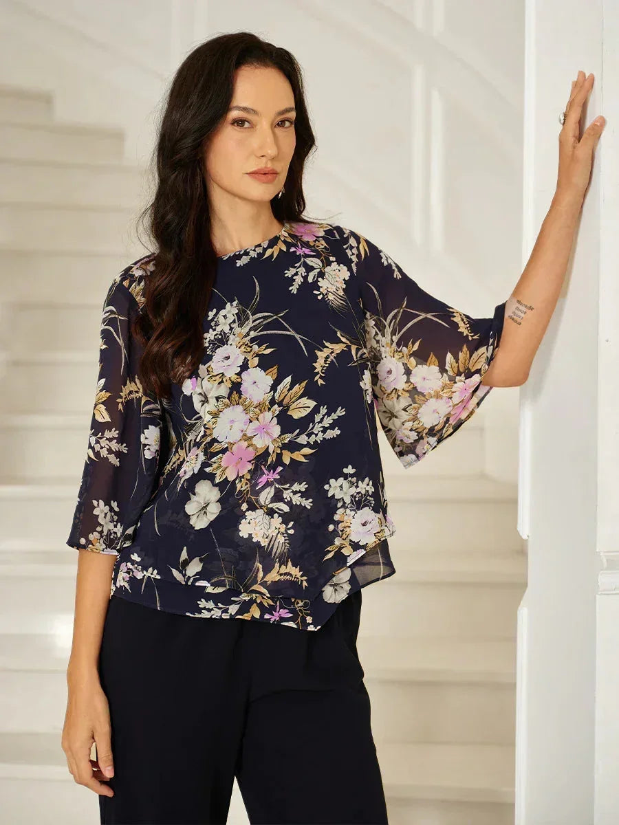 Top in Chiffon Floreale con Orlo a Strati