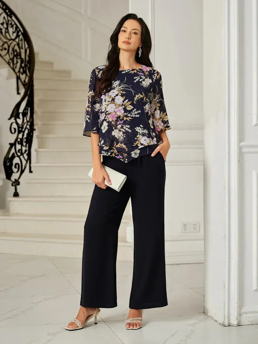 Top in Chiffon Floreale con Orlo a Strati