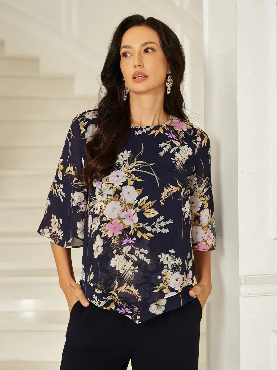 Top in Chiffon Floreale con Orlo a Strati