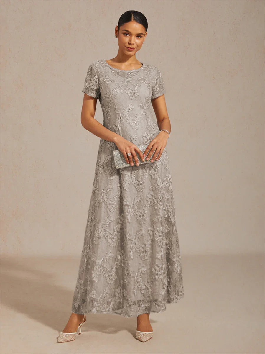 Abito A-Line in Pizzo Rosette con Decorazioni in Paillettes