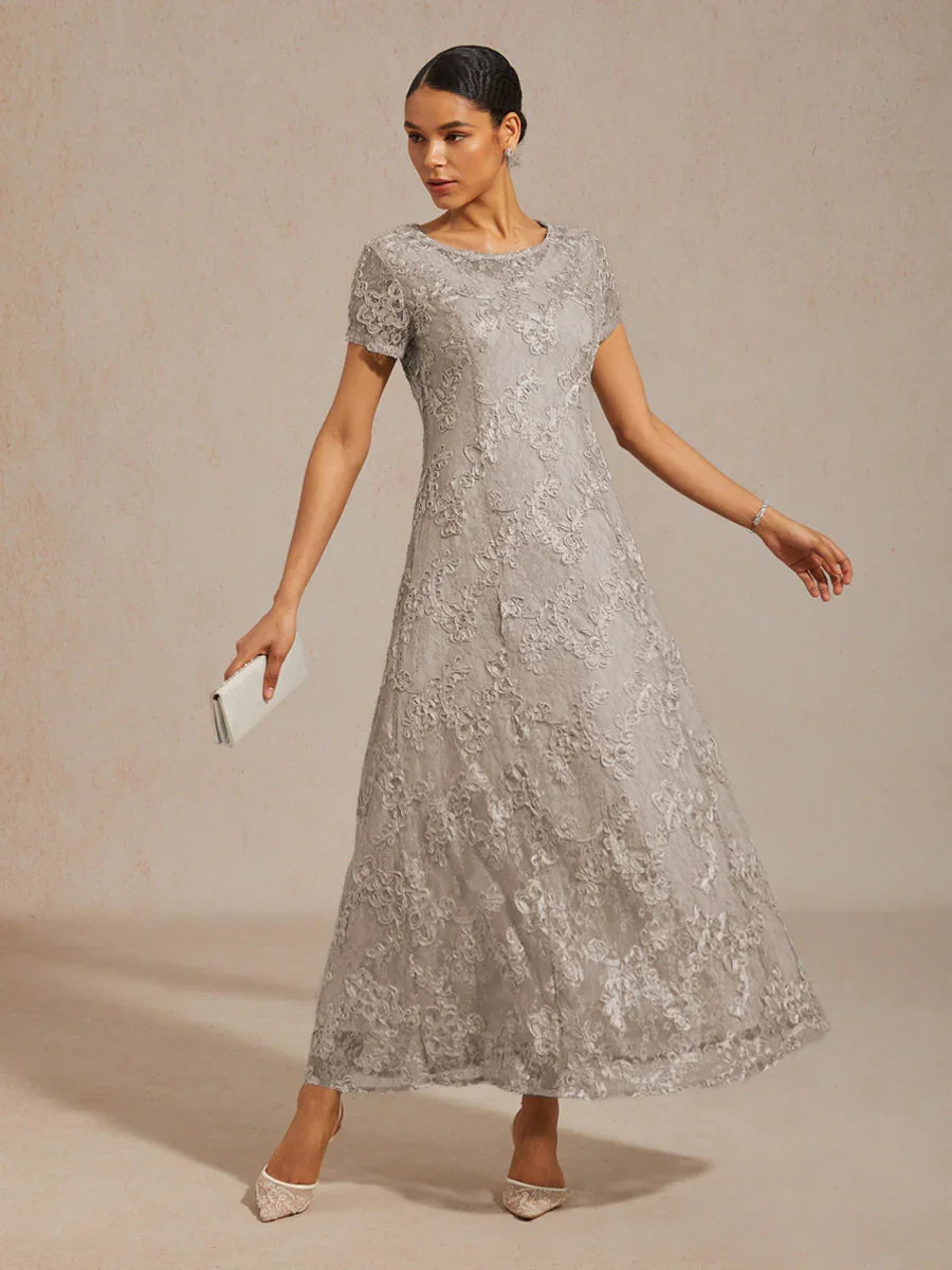 Abito A-Line in Pizzo Rosette con Decorazioni in Paillettes