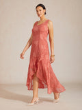 Abito da Sera Senza Maniche in Chiffon Floreale con Orlo Asimmetrico
