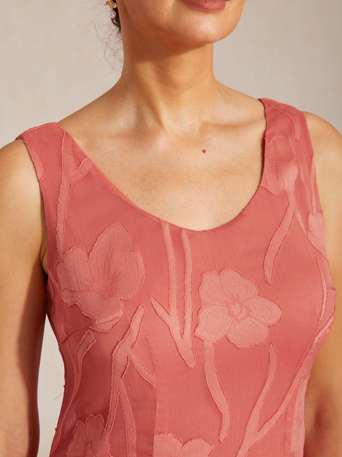 Abito da Sera Senza Maniche in Chiffon Floreale con Orlo Asimmetrico