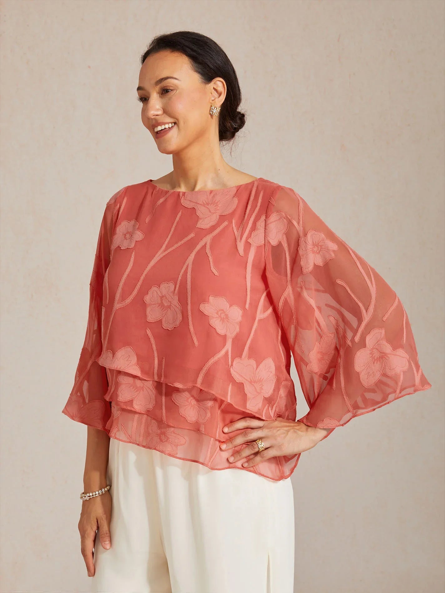 Blusa a Strati in Chiffon con Motivo Floreale