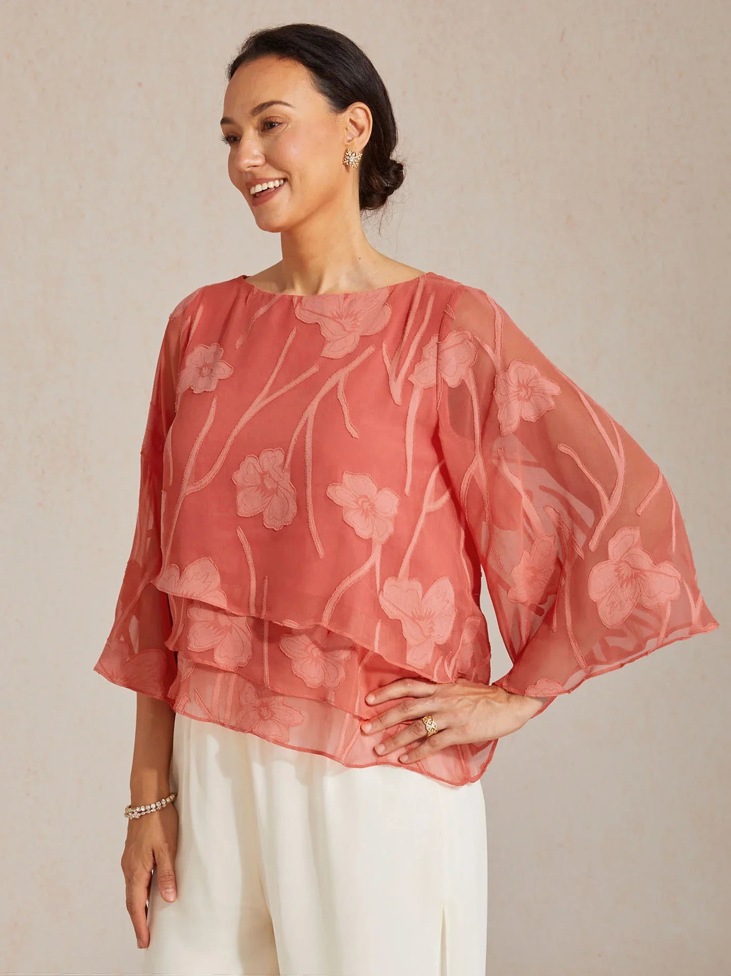 Blusa a Strati in Chiffon con Motivo Floreale
