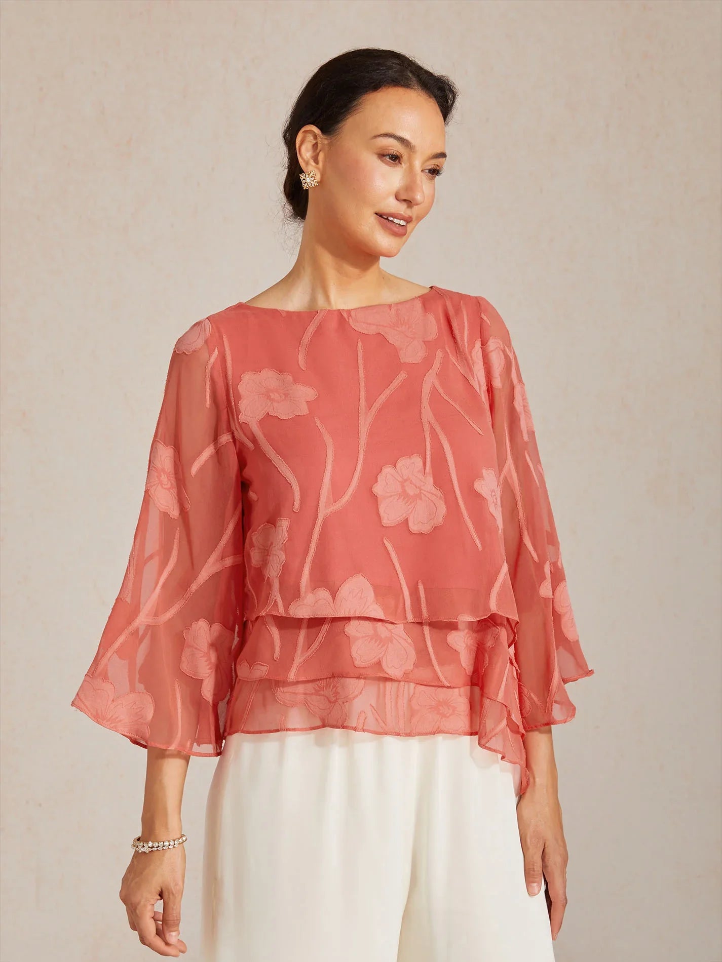 Blusa a Strati in Chiffon con Motivo Floreale