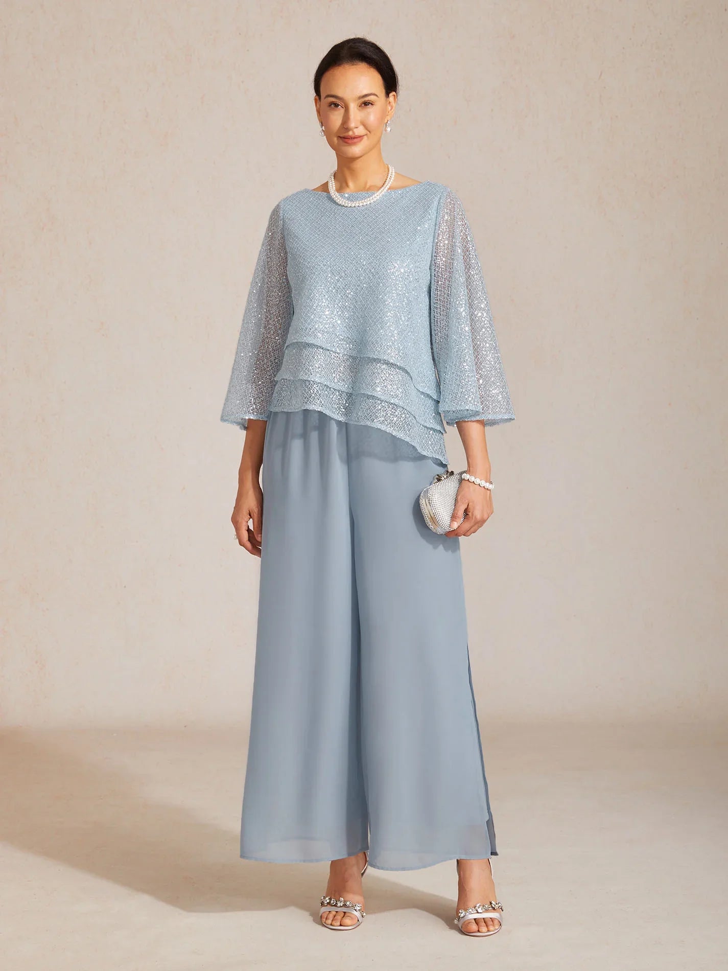 Pantaloni a Gamba Dritta con Sovrapposizione in Chiffon