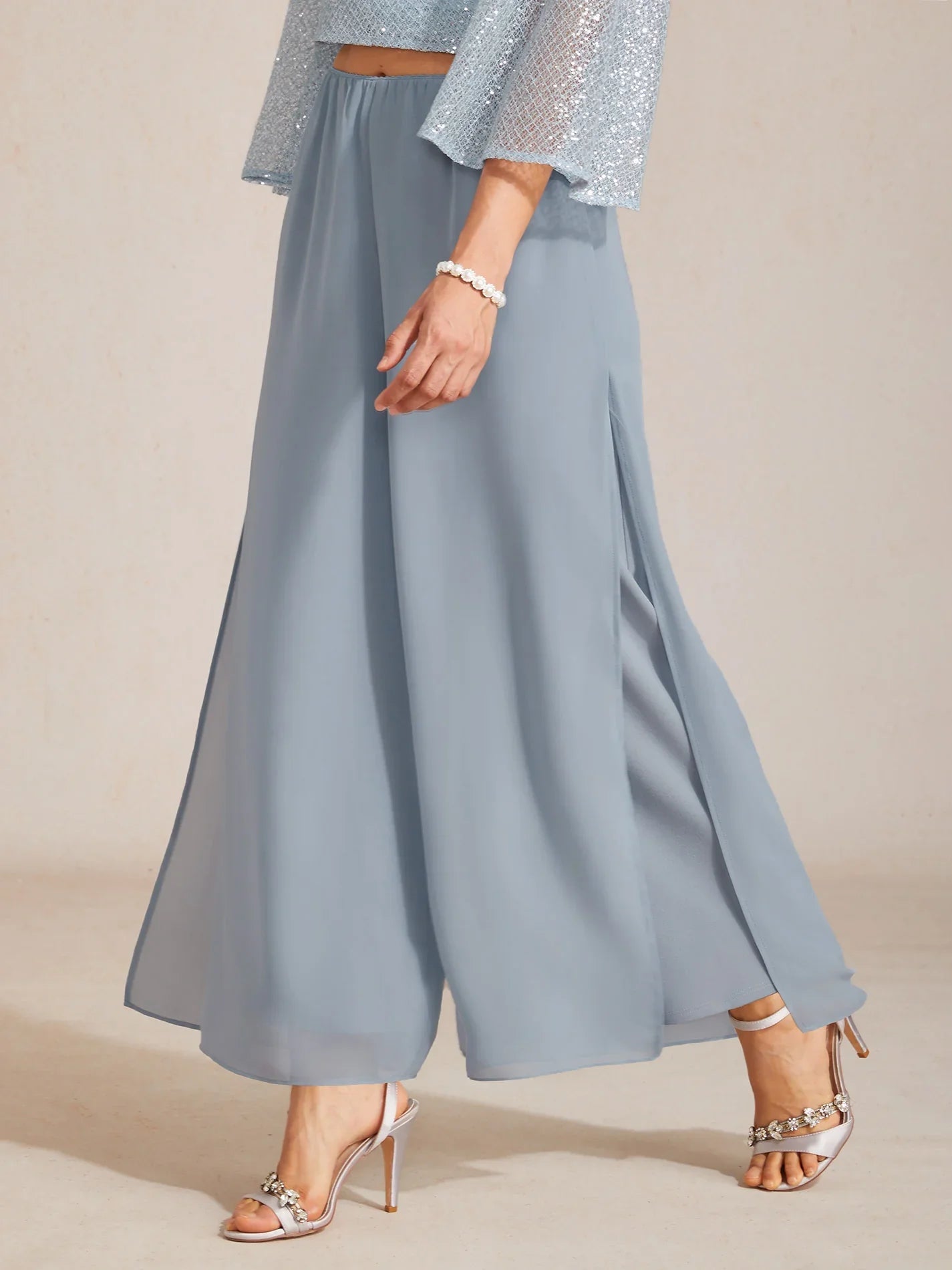 Pantaloni a Gamba Dritta con Sovrapposizione in Chiffon a Spacco