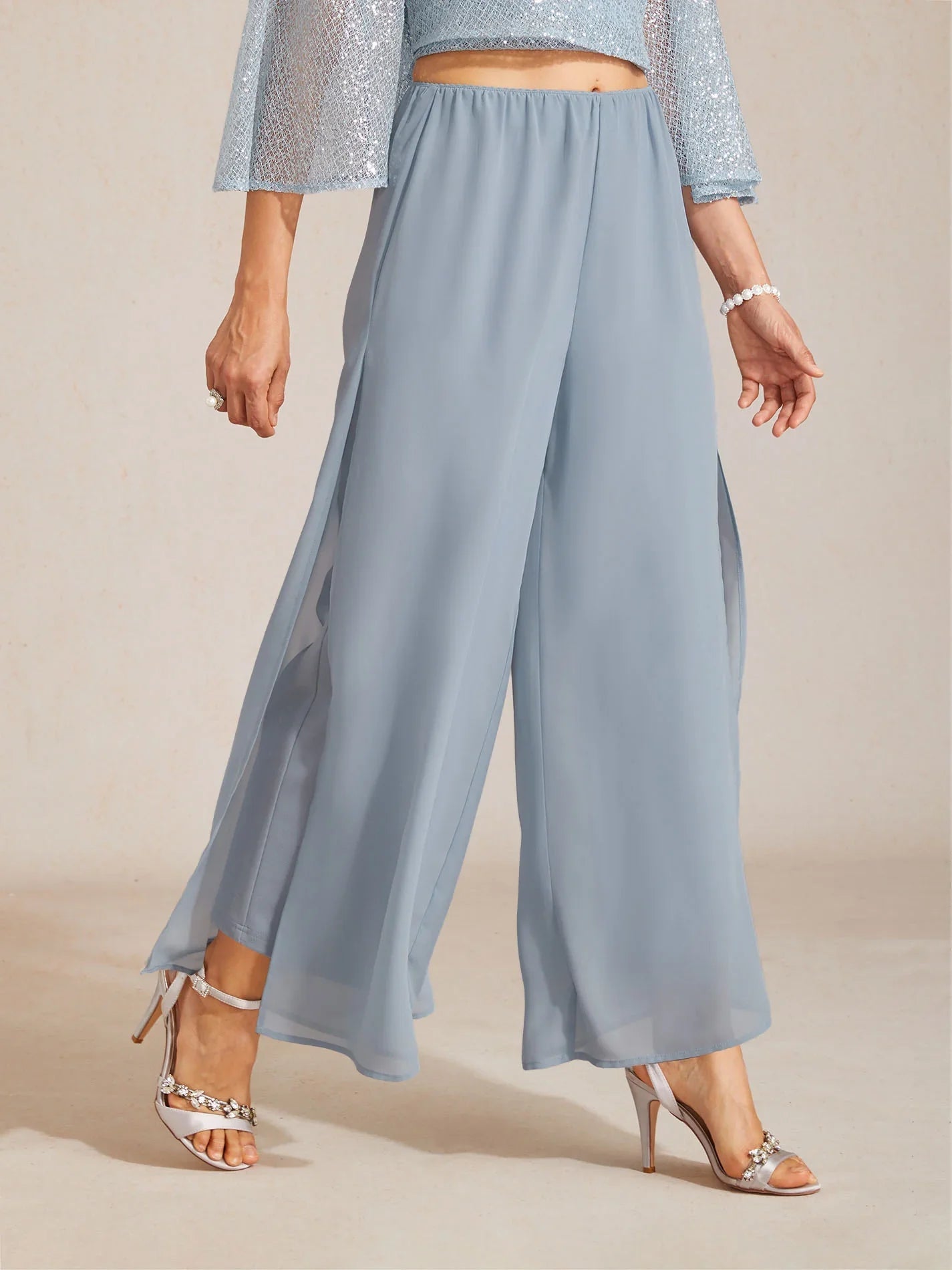 Pantaloni a Gamba Dritta con Sovrapposizione di Chiffon a Spacco
