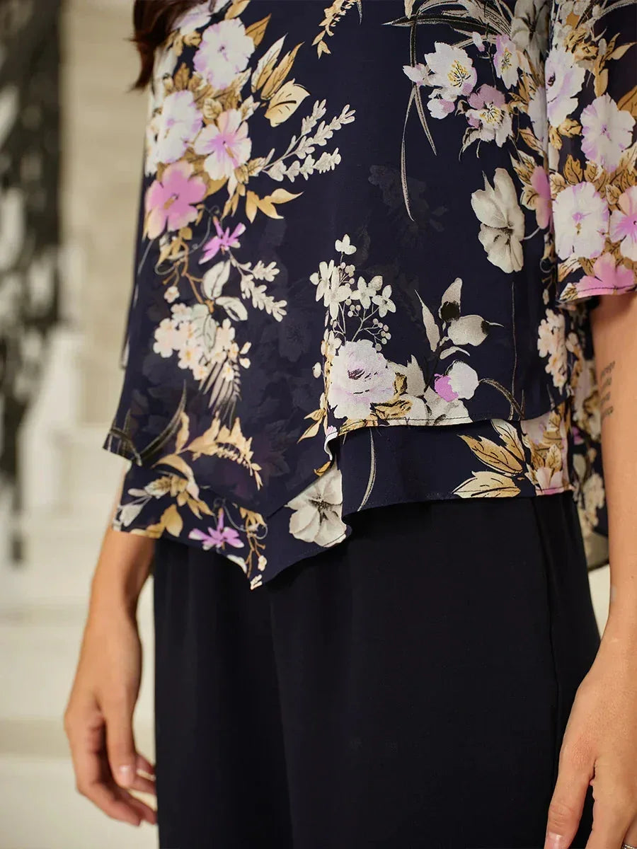 Top in Chiffon Floreale con Orlo a Strati