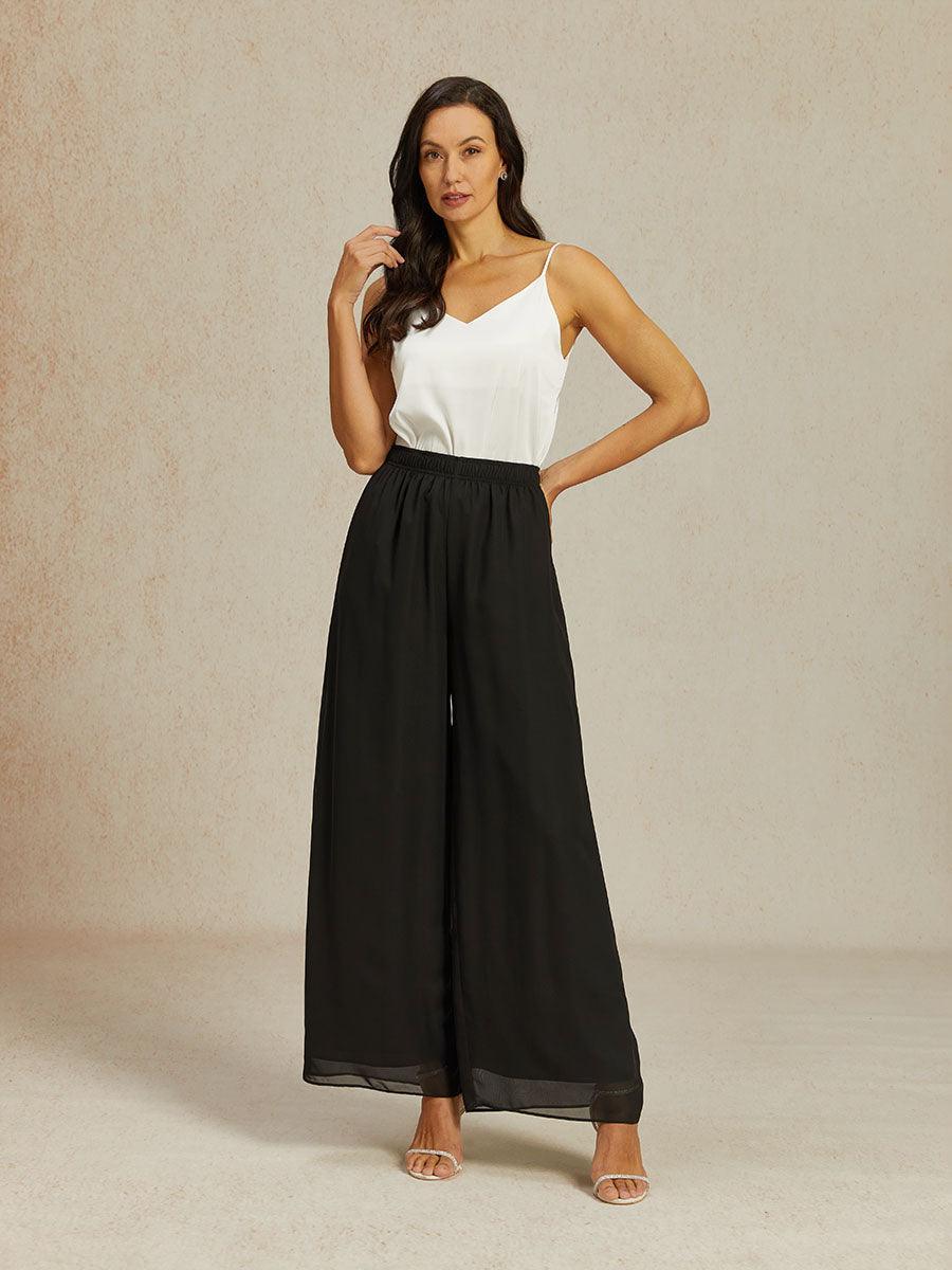 Pantaloni in Chiffon a Gamba Larga con Vita Elastico a Media Altezza