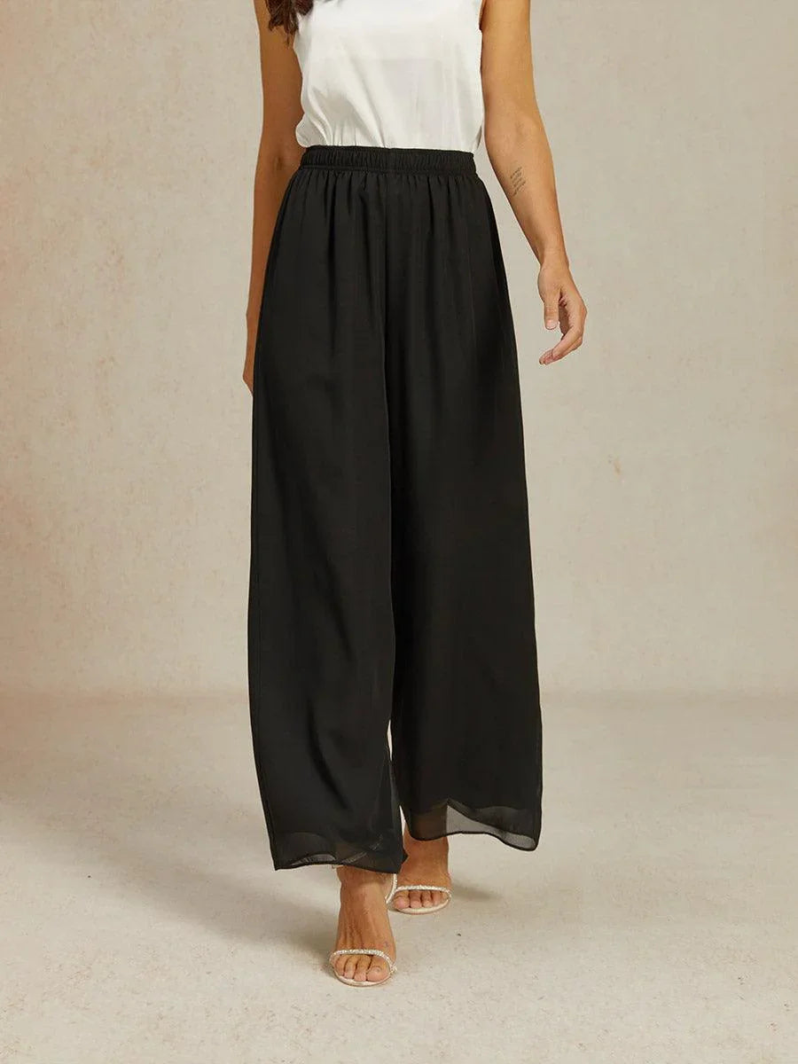 Pantaloni in Chiffon a Gamba Larga con Vita Elastico a Media Altezza