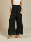 Pantaloni in Chiffon a Gamba Larga con Vita Elastico a Media Altezza