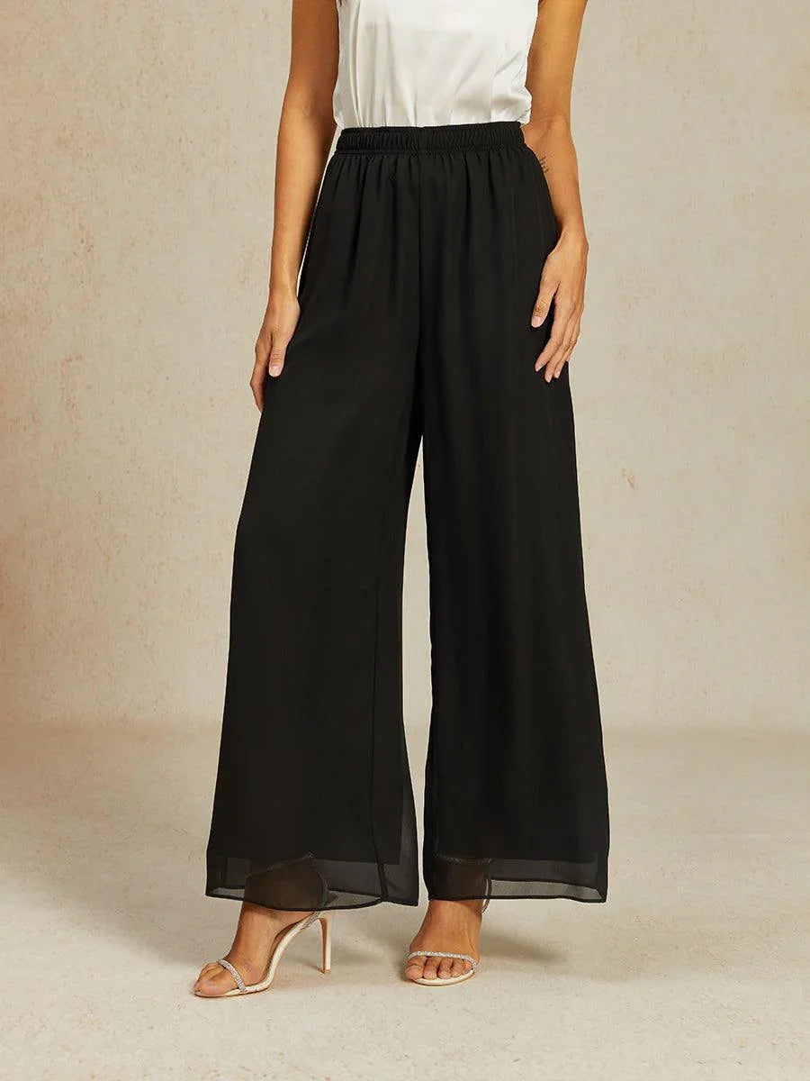 Pantaloni in Chiffon a Gamba Larga con Vita Elastico a Media Altezza