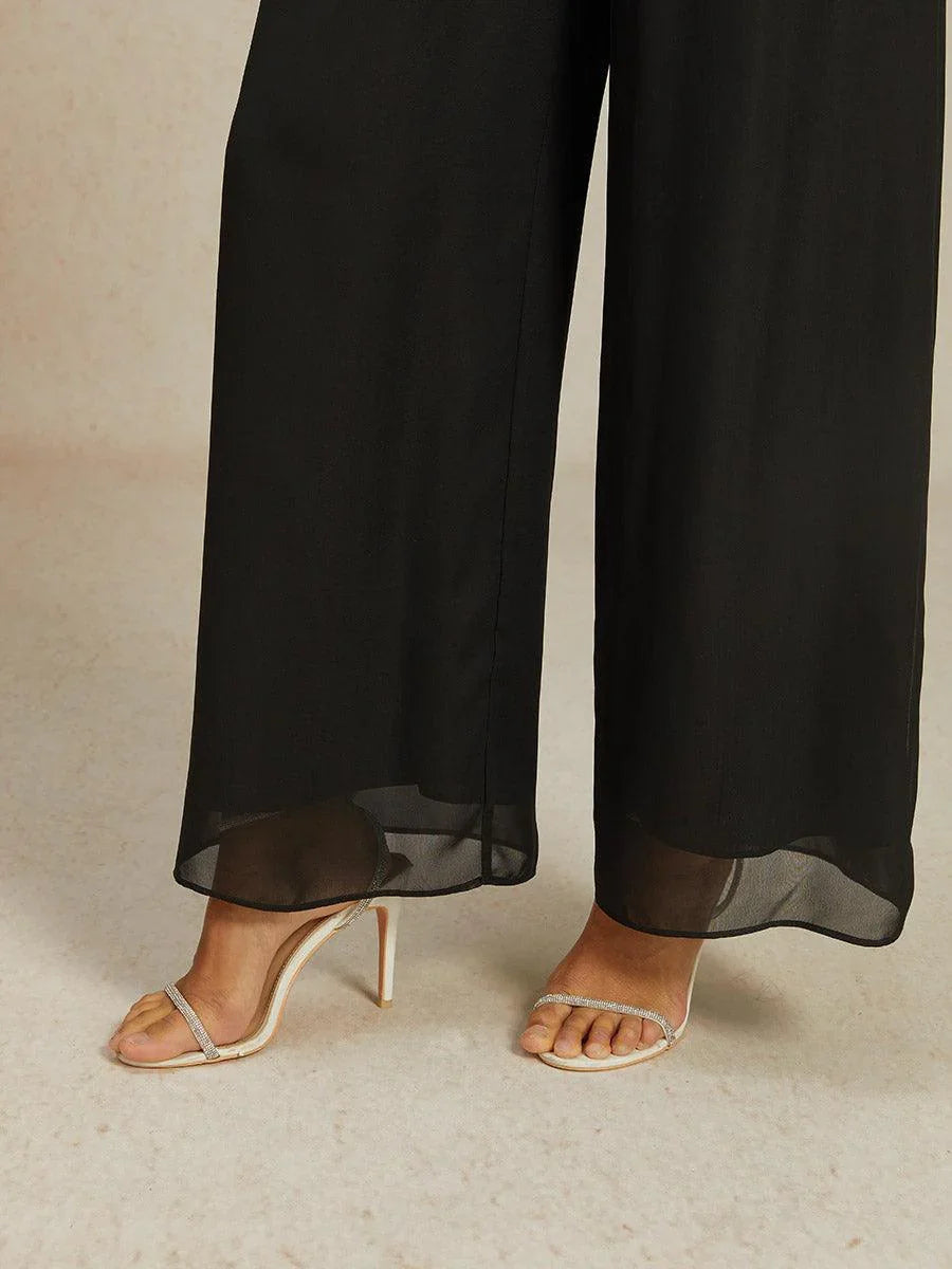 Pantaloni in Chiffon a Gamba Larga con Vita Elastico a Media Altezza