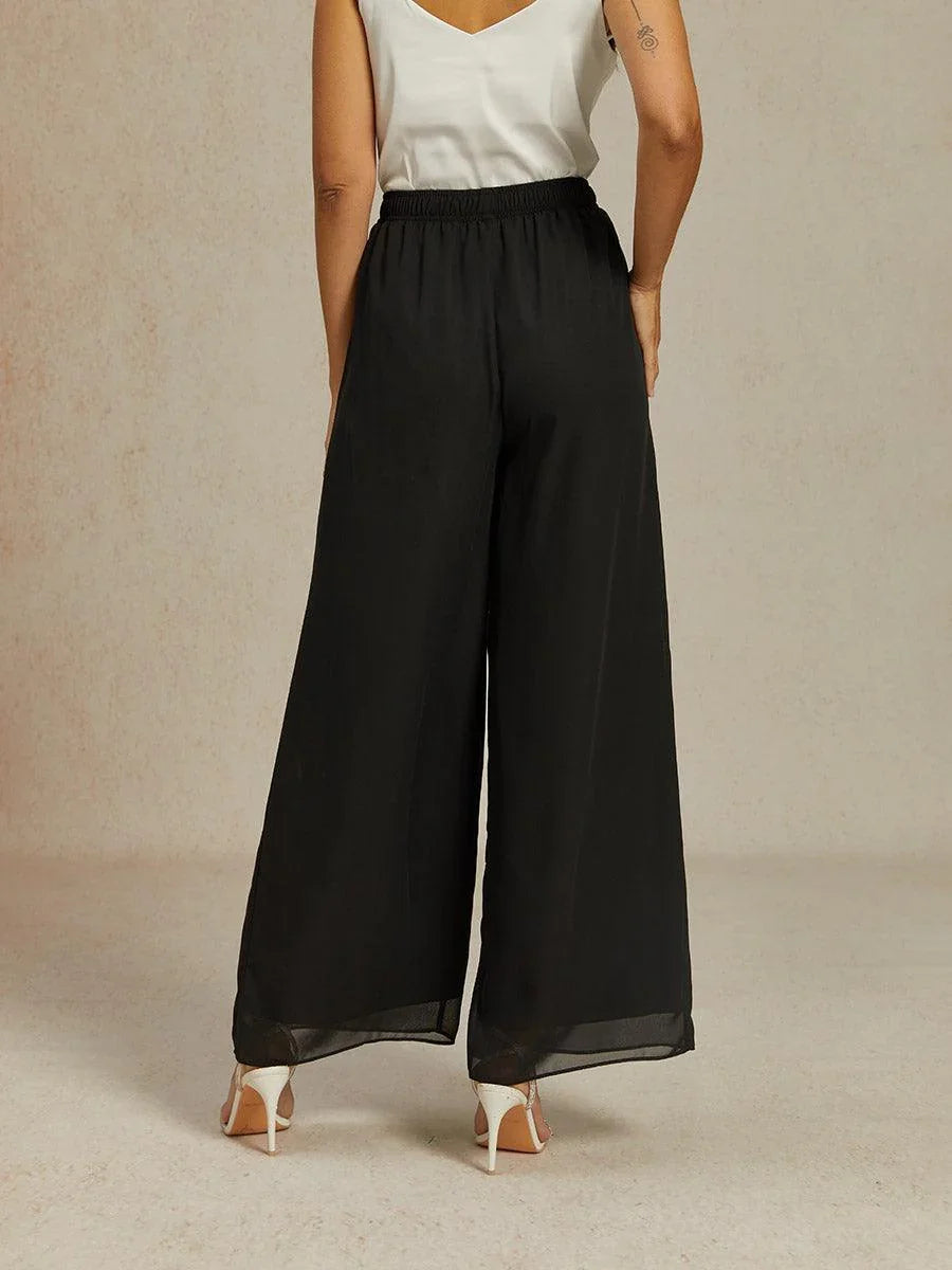 Pantaloni in Chiffon a Gamba Larga con Vita Elastico a Media Altezza