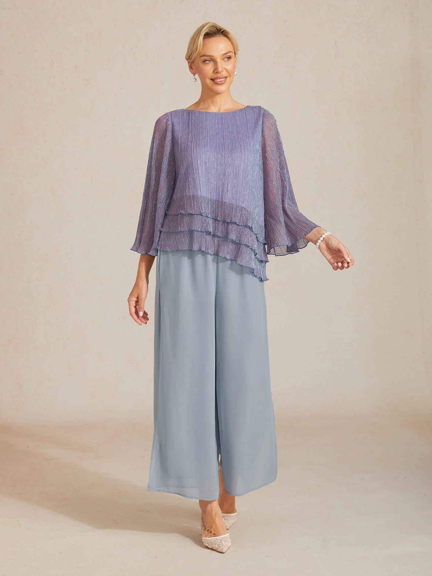 Blusa Asimmetrica a Strati in Chiffon Metallizzato Pieghettato
