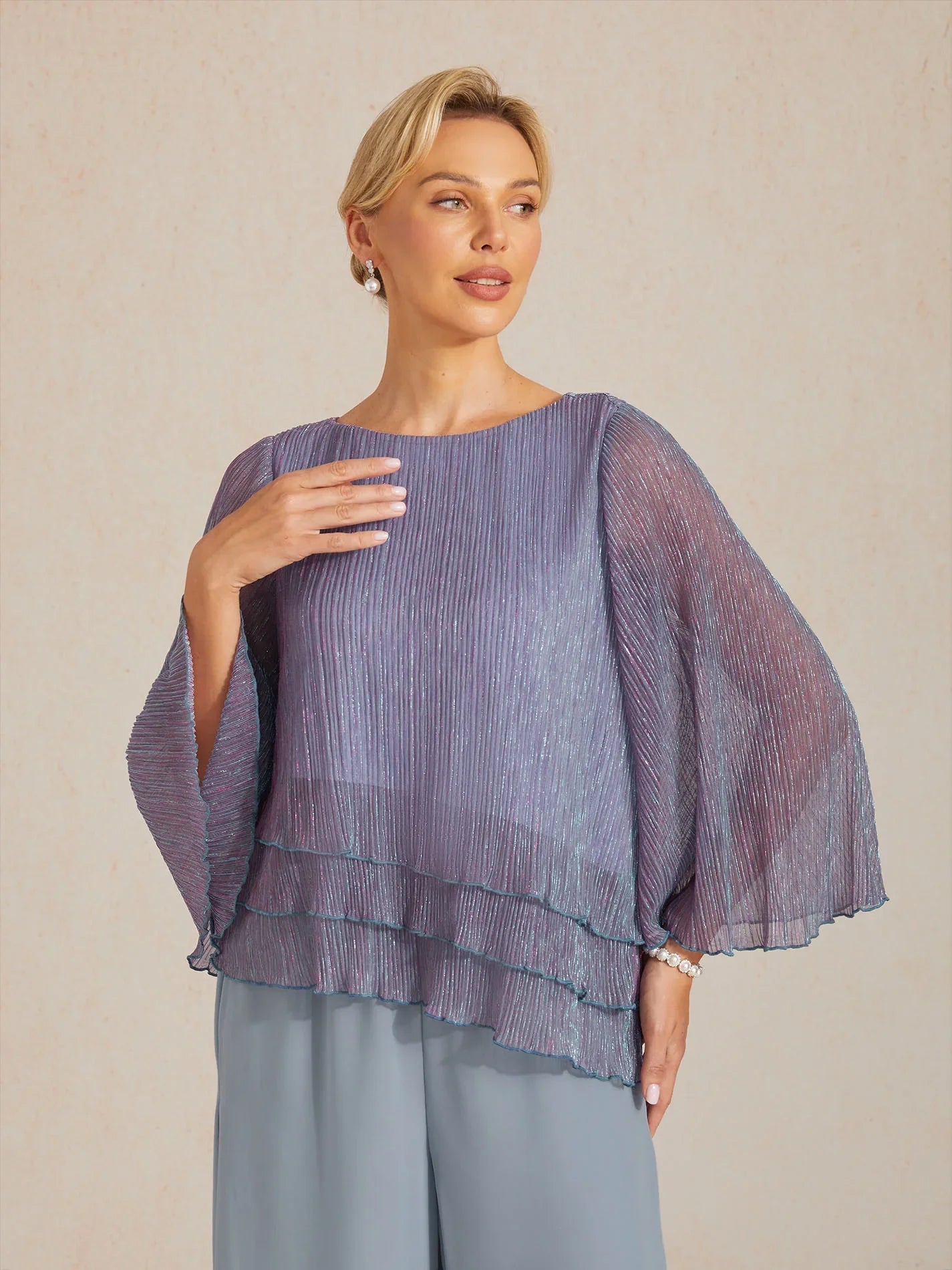 Blusa Asimmetrica a Strati in Chiffon Metallizzato Pieghettato
