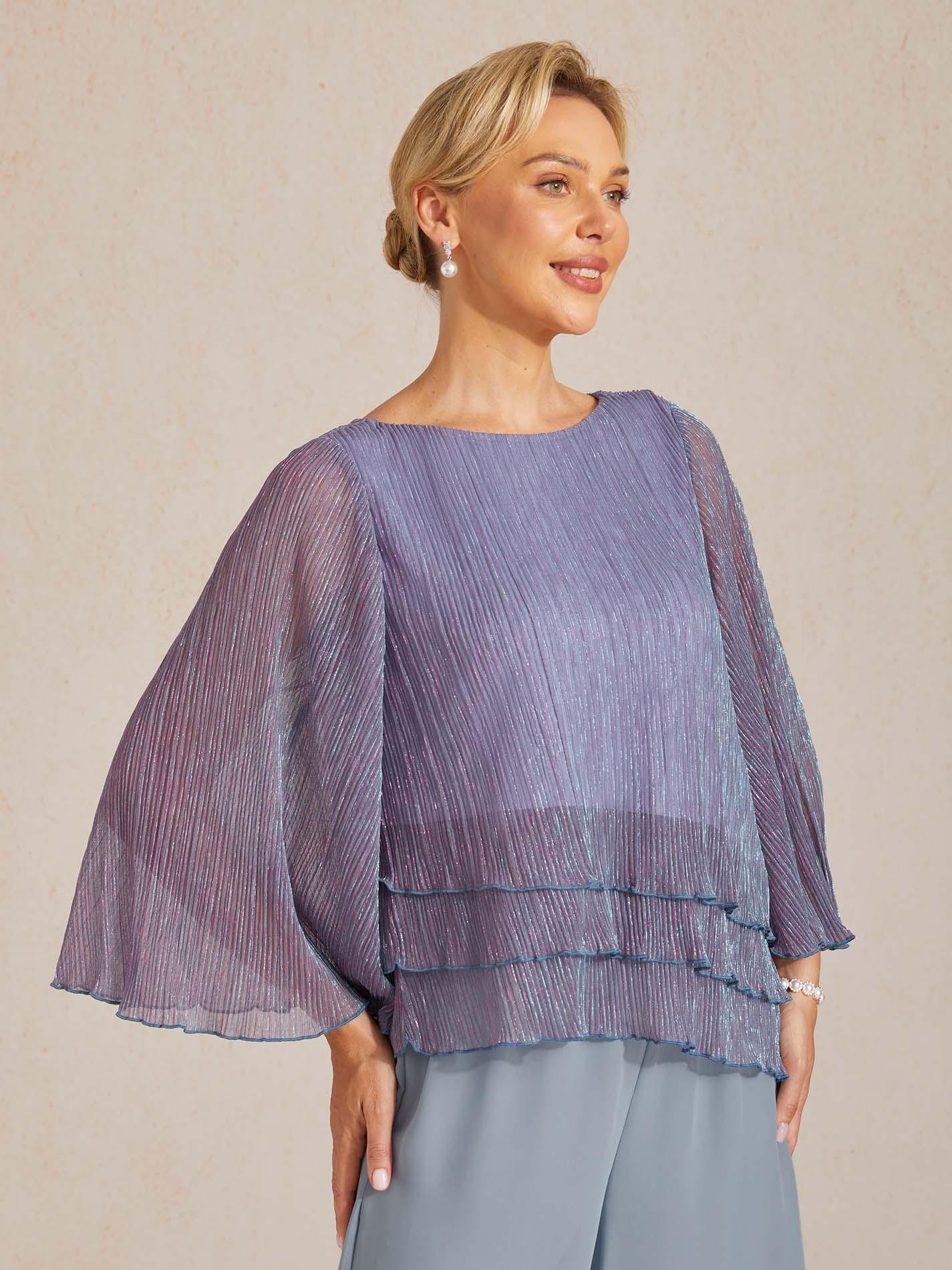 Blusa Asimmetrica a Strati in Chiffon Metallizzato Pieghettato