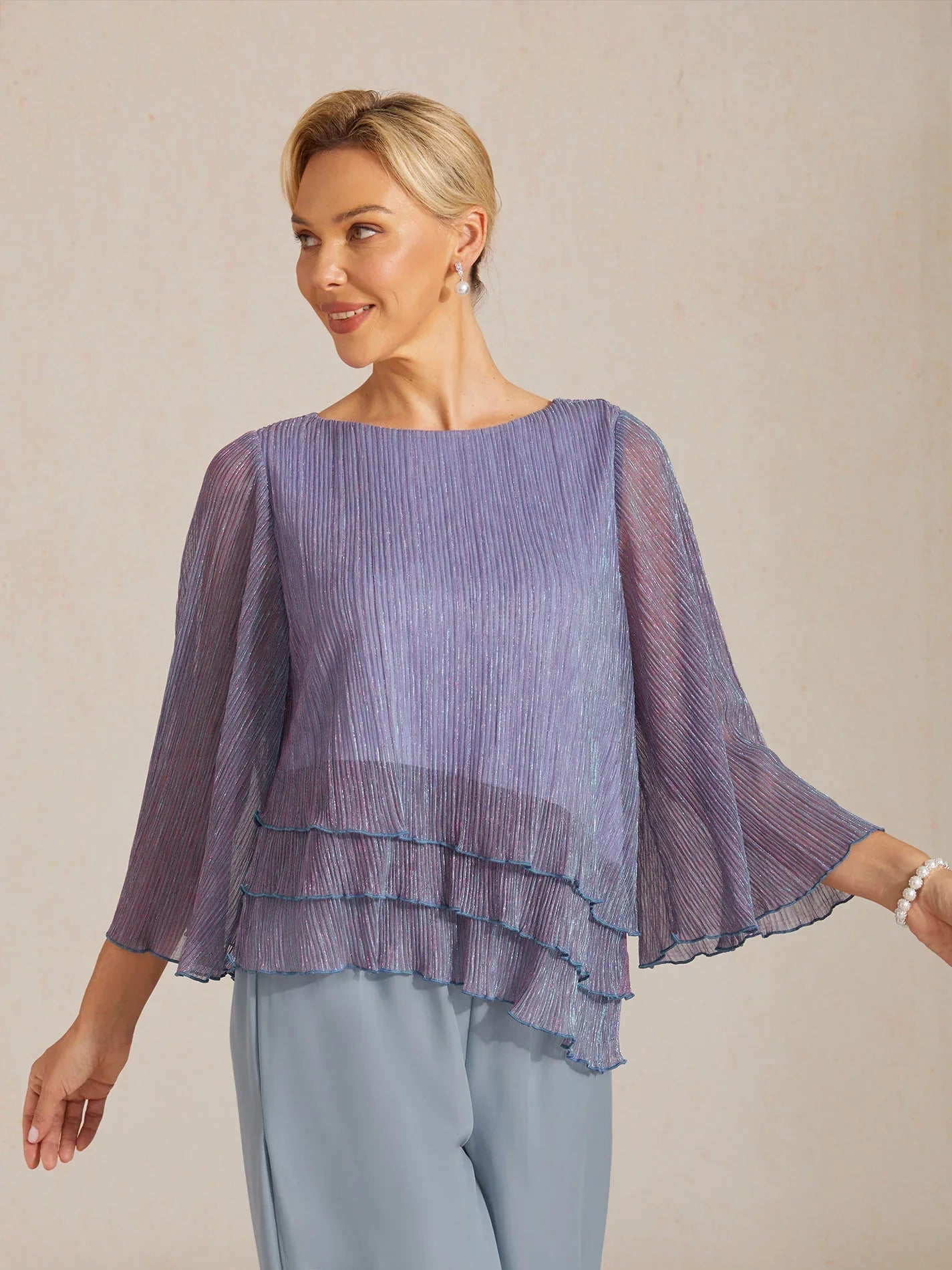 Blusa Asimmetrica a Strati in Chiffon Metallizzato Pieghettato