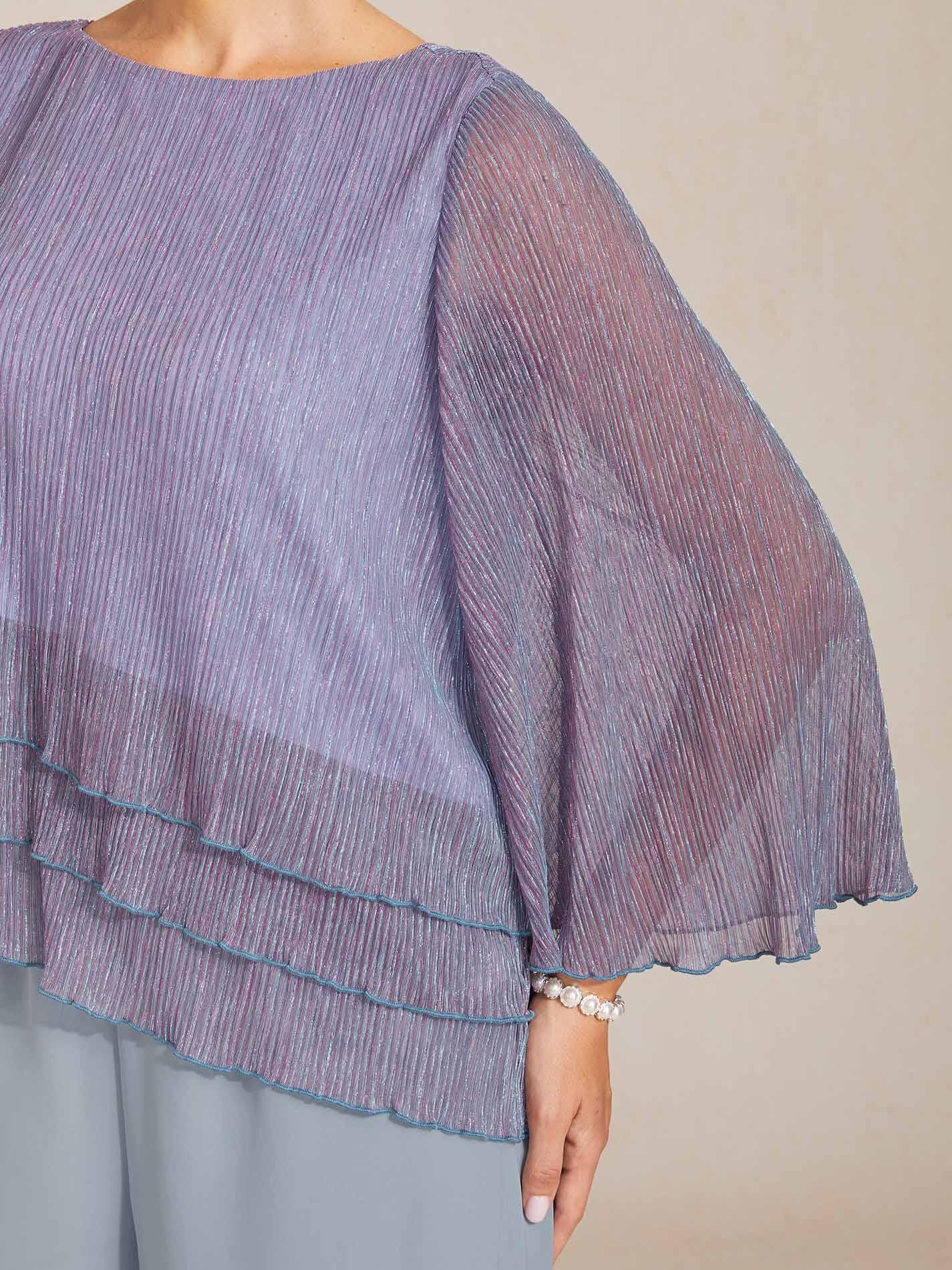 Blusa Asimmetrica a Strati in Chiffon Metallizzato Pieghettato