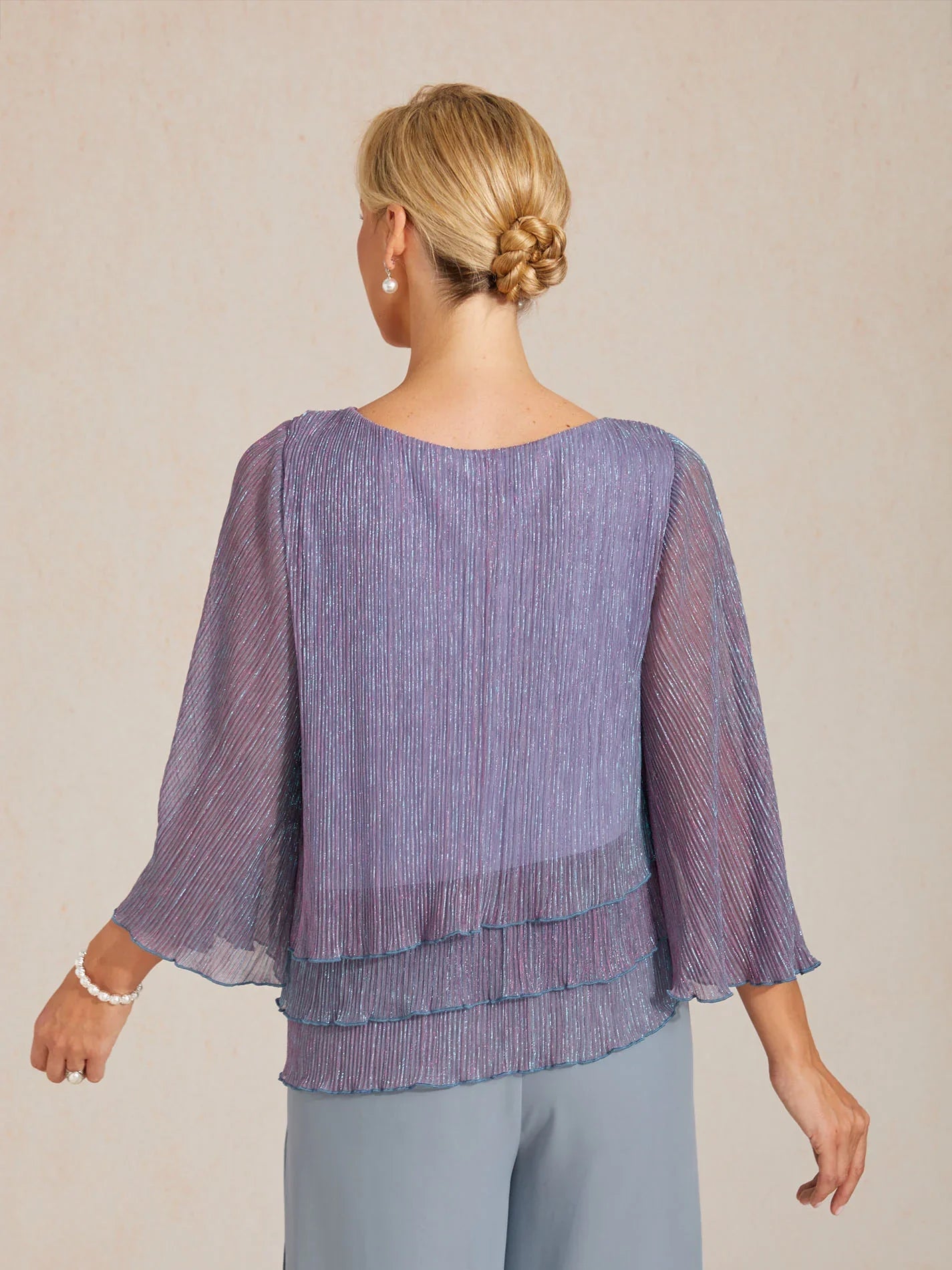 Blusa Asimmetrica a Strati in Chiffon Metallizzato Pieghettato