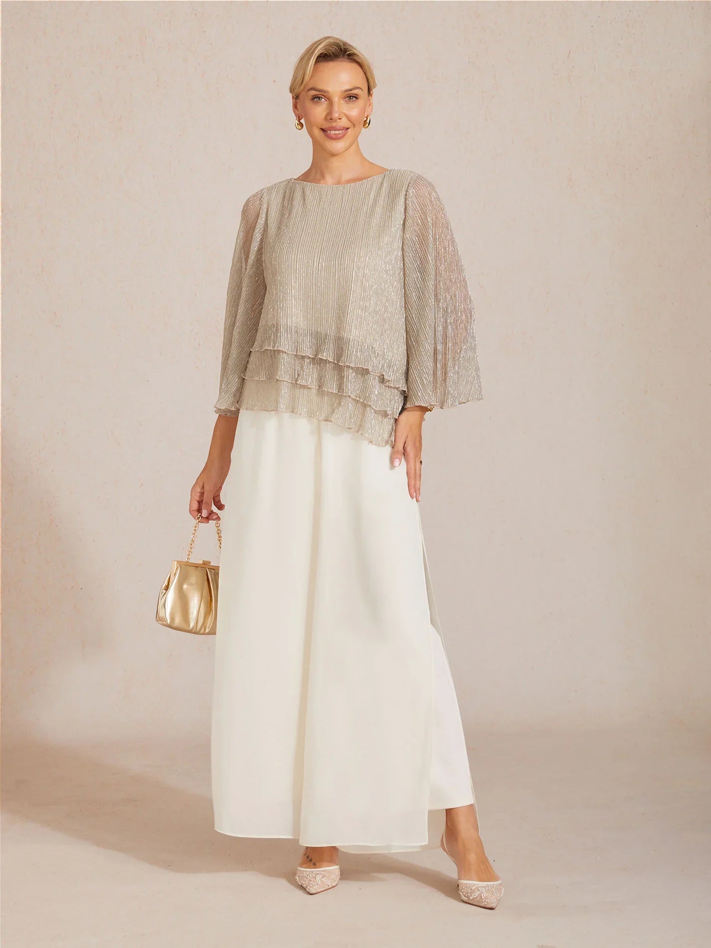 Blusa Asimmetrica a Strati in Chiffon Metallizzato Pieghettato