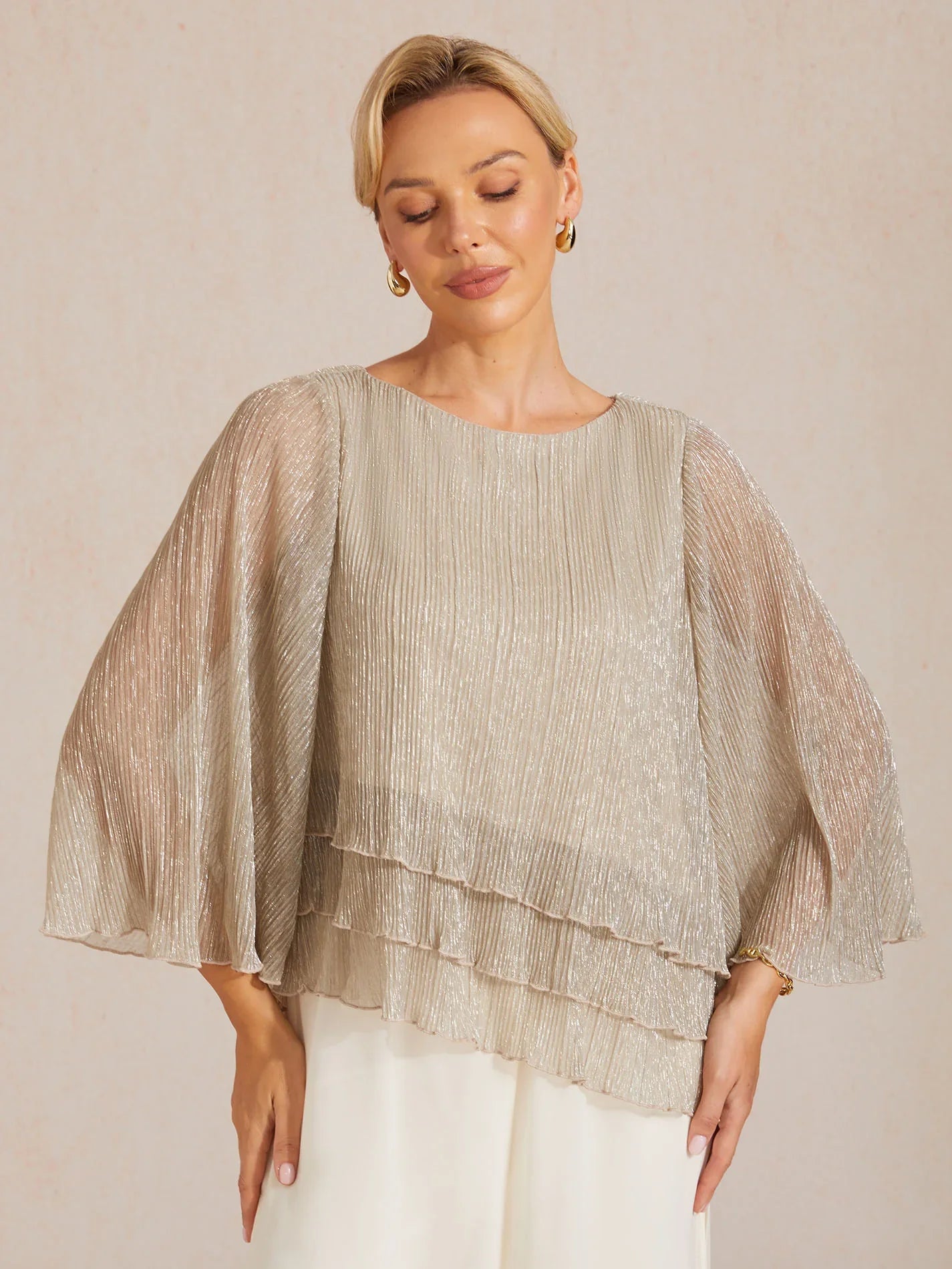 Blusa Asimmetrica a Strati in Chiffon Metallizzato Pieghettato