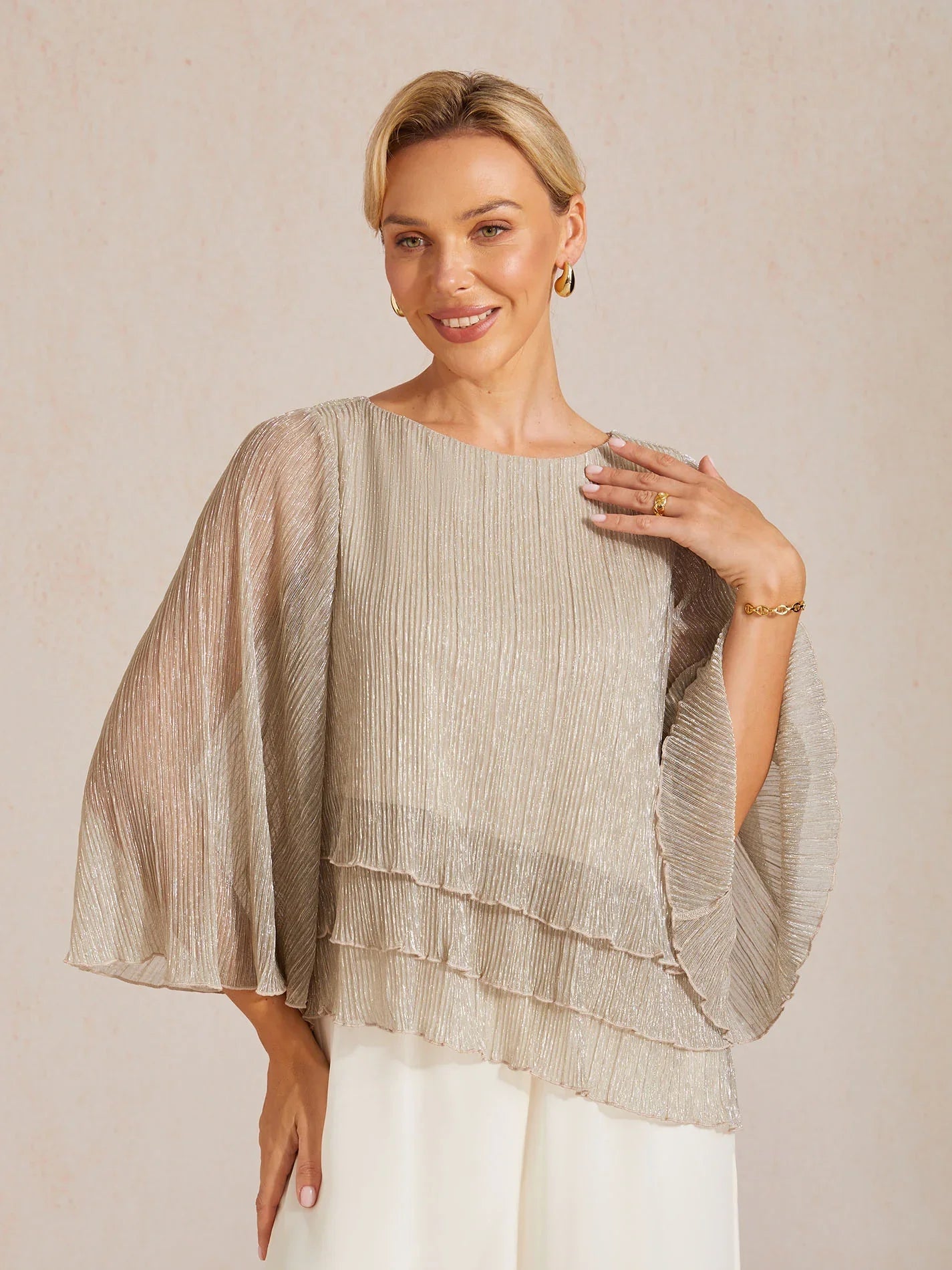 Blusa Asimmetrica a Strati in Chiffon Metallizzato Pieghettato
