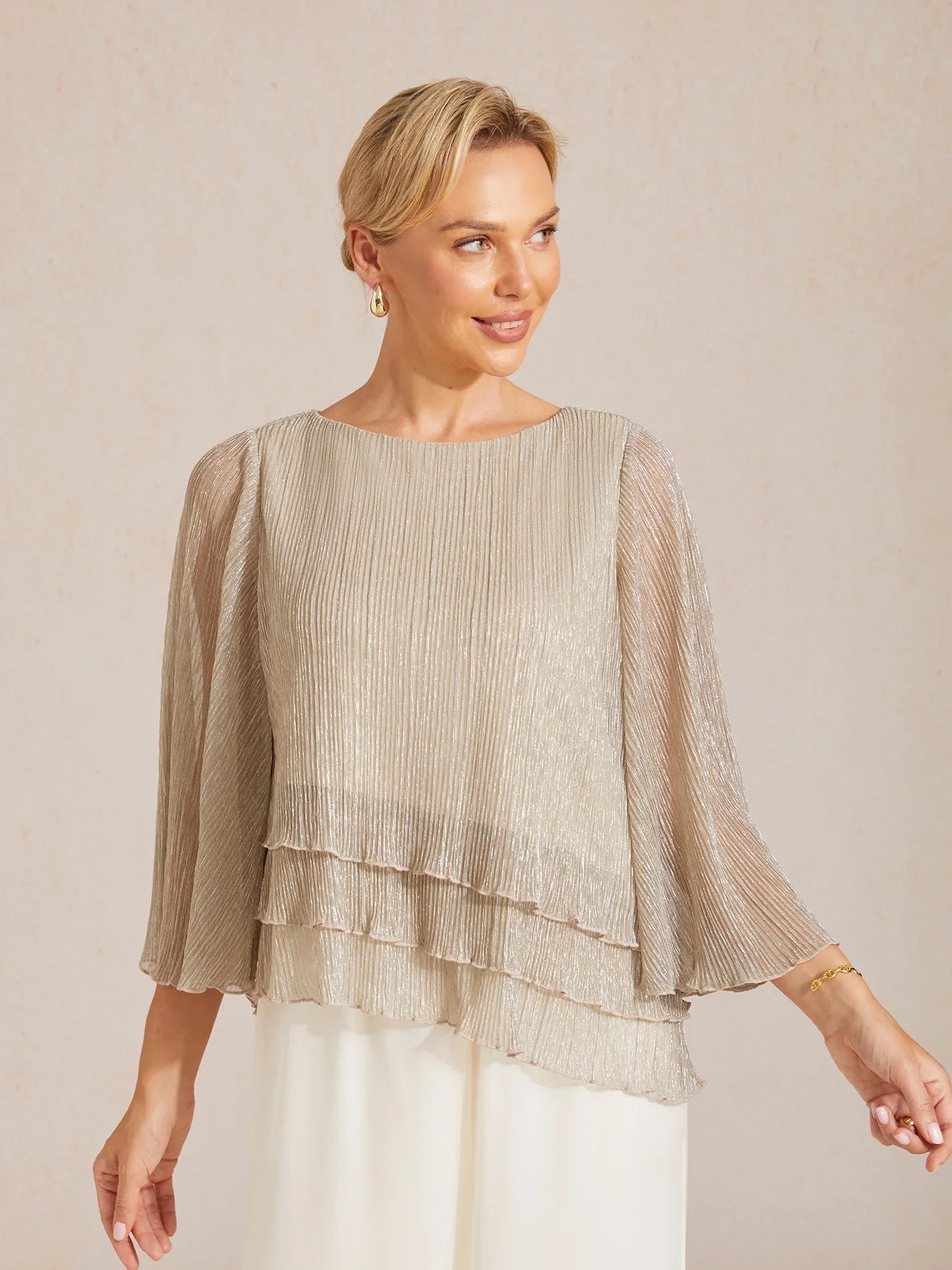 Blusa Asimmetrica a Strati in Chiffon Metallizzato Pieghettato