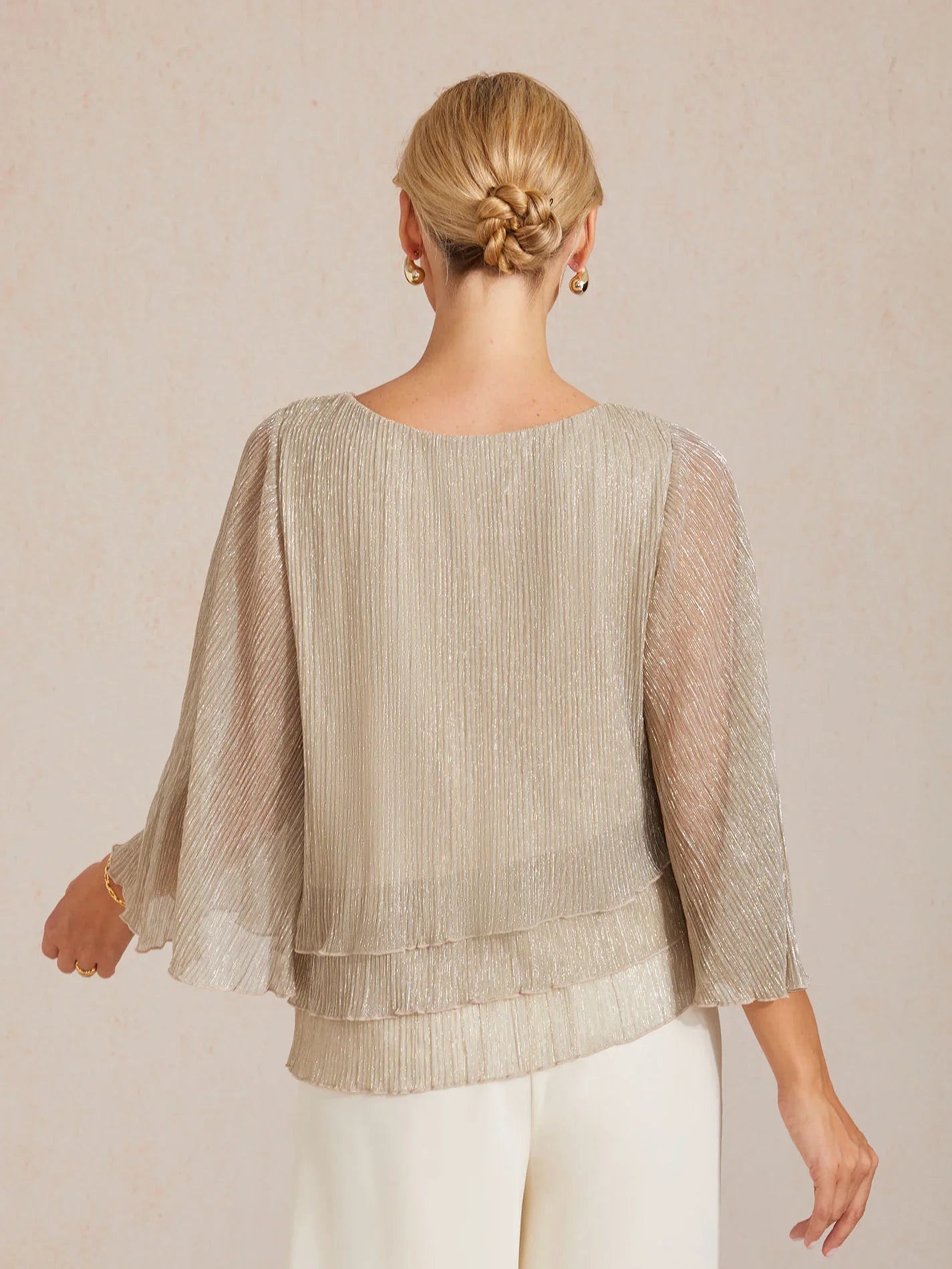 Blusa Asimmetrica a Strati in Chiffon Metallizzato Pieghettato