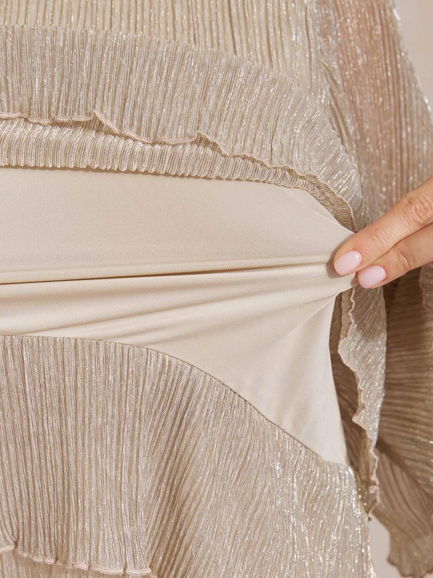 Blusa Asimmetrica a Strati in Chiffon Metallizzato Pieghettato