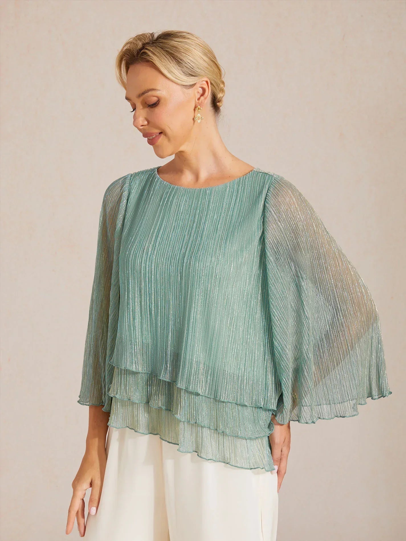 Blusa Asimmetrica a Strati in Chiffon Metallizzato Pieghettato