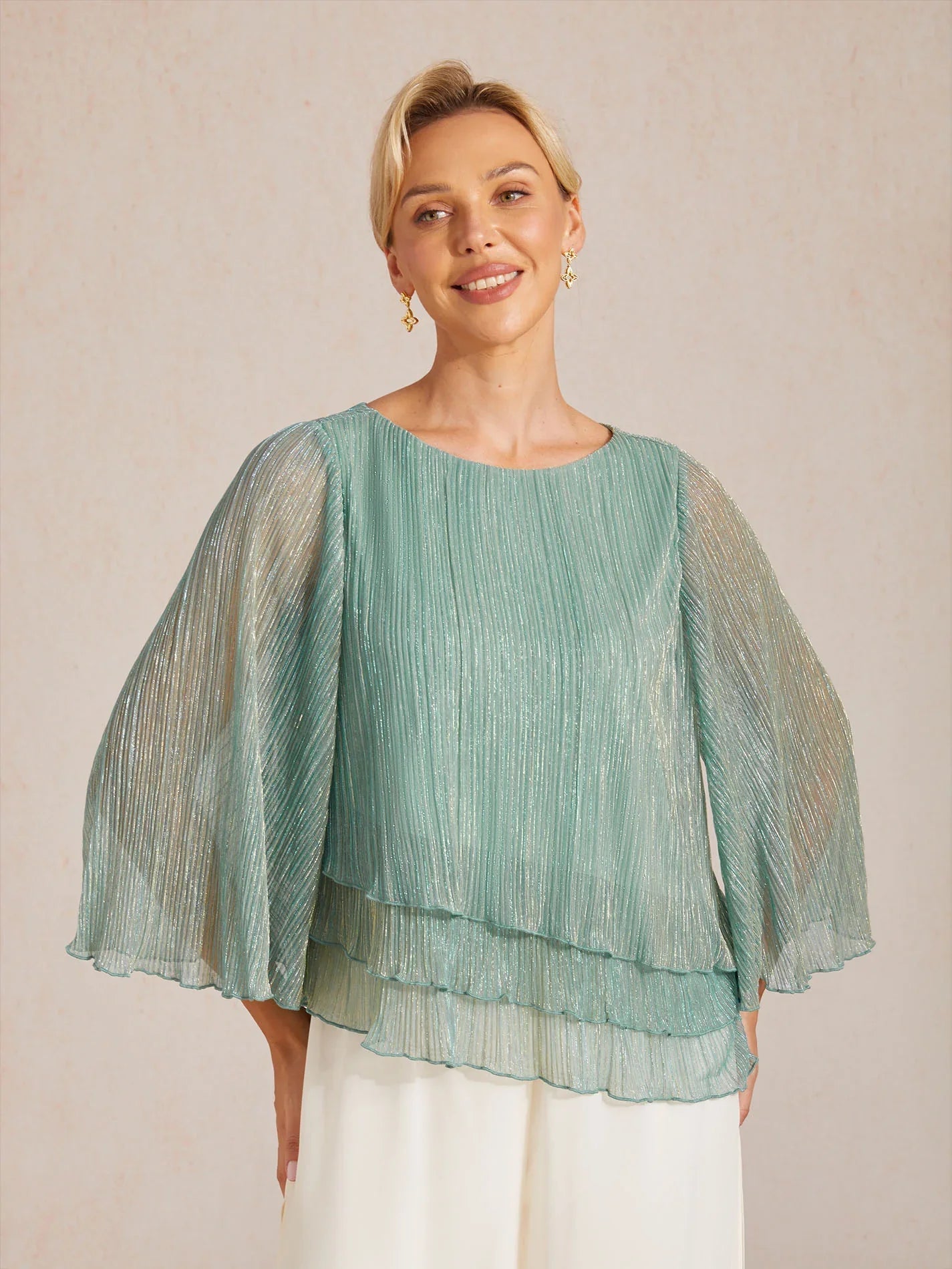 Blusa Asimmetrica a Strati in Chiffon Metallizzato Pieghettato