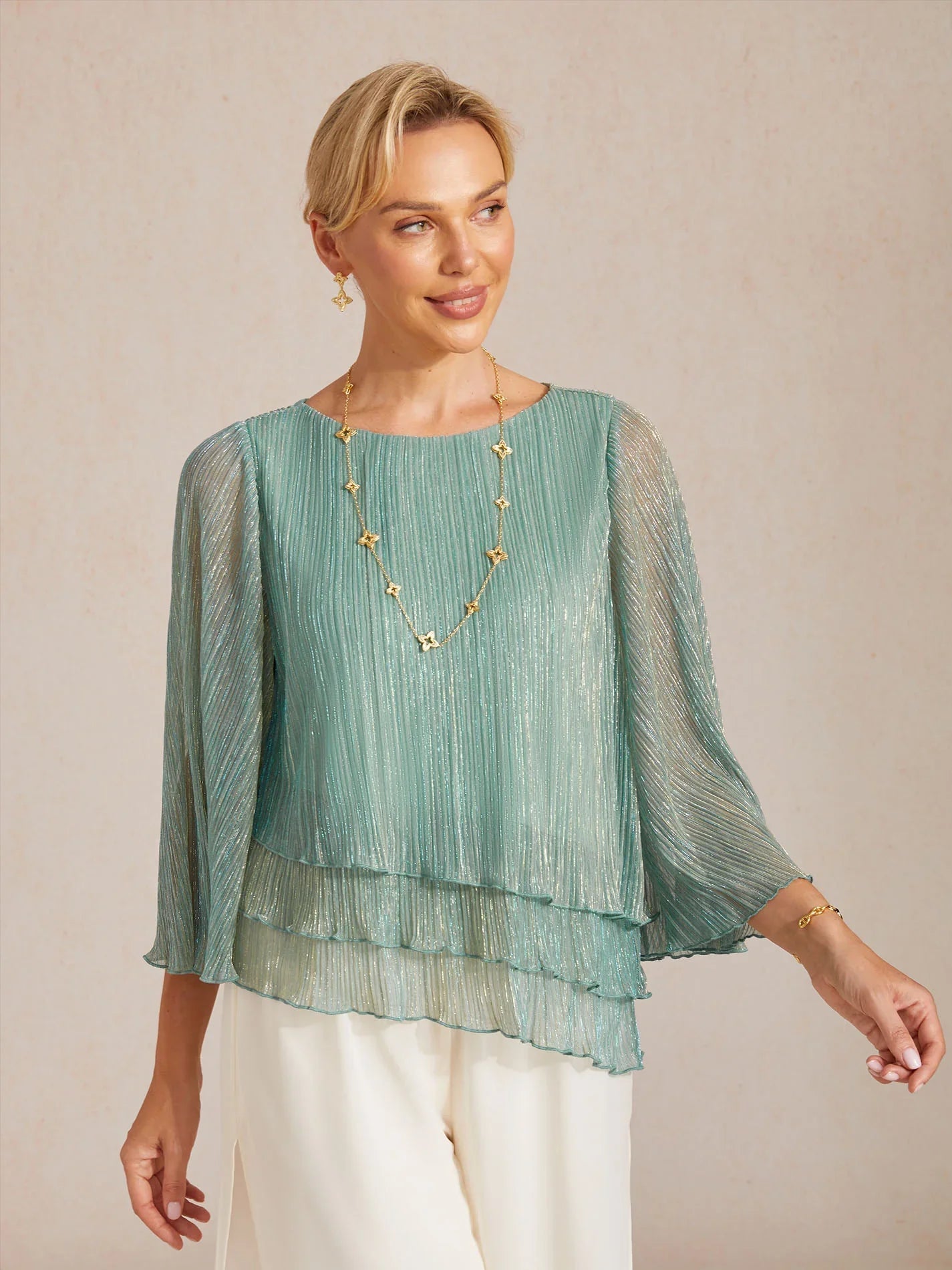 Blusa Asimmetrica a Strati in Chiffon Metallizzato Pieghettato