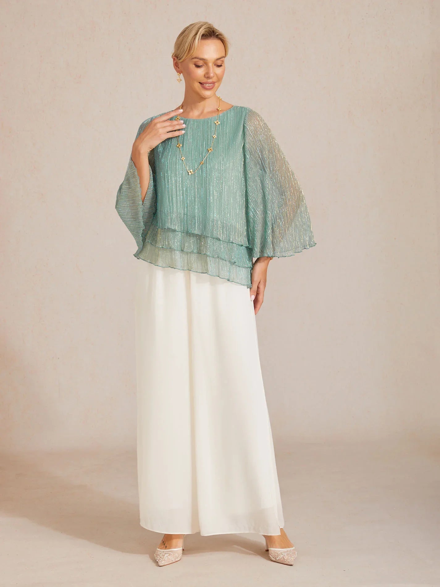 Blusa Asimmetrica a Strati in Chiffon Metallizzato Pieghettato