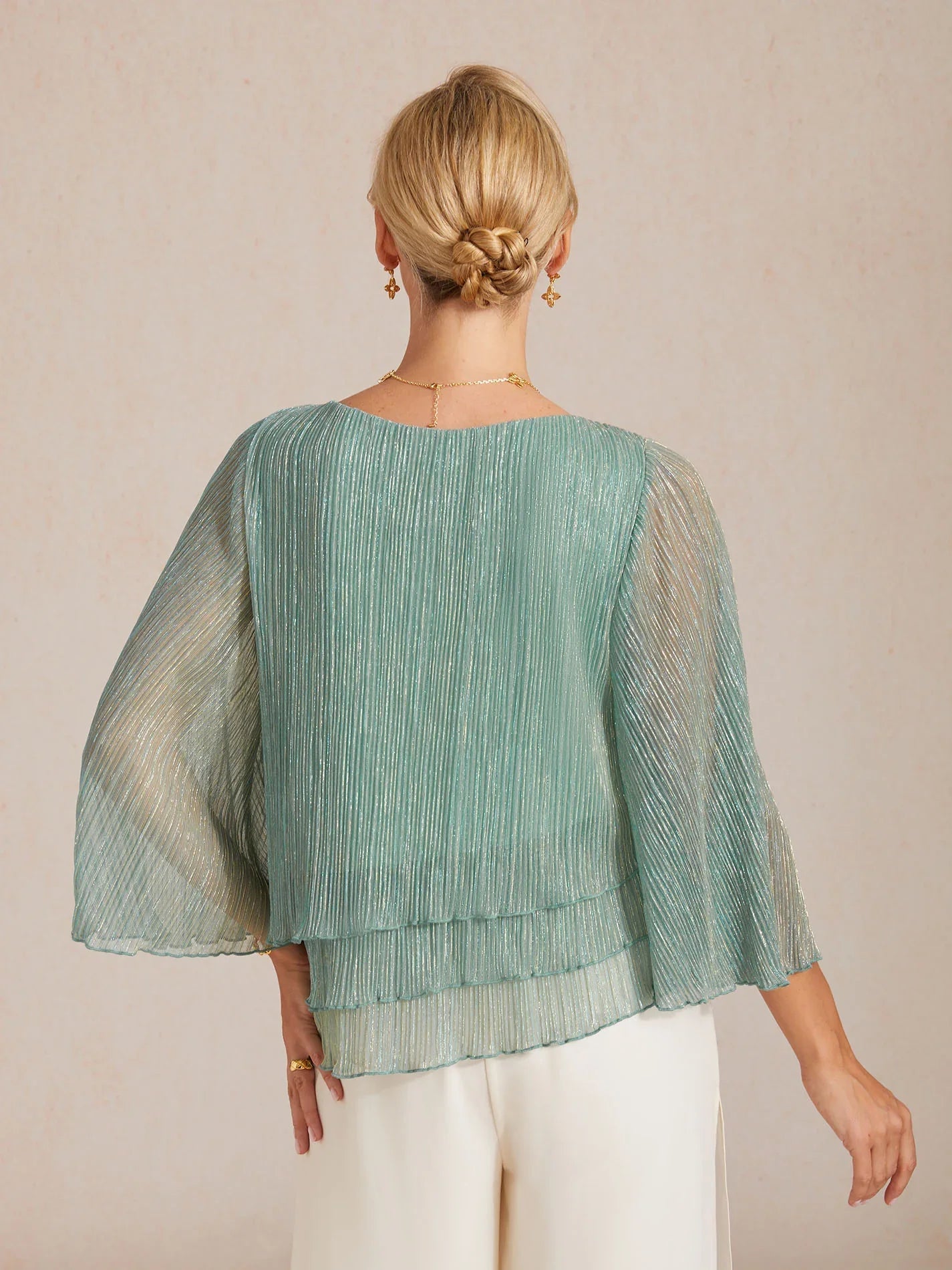 Blusa Asimmetrica a Strati in Chiffon Metallizzato Pieghettato