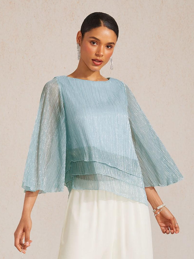 Blusa Asimmetrica a Strati in Chiffon Metallizzato Pieghettato