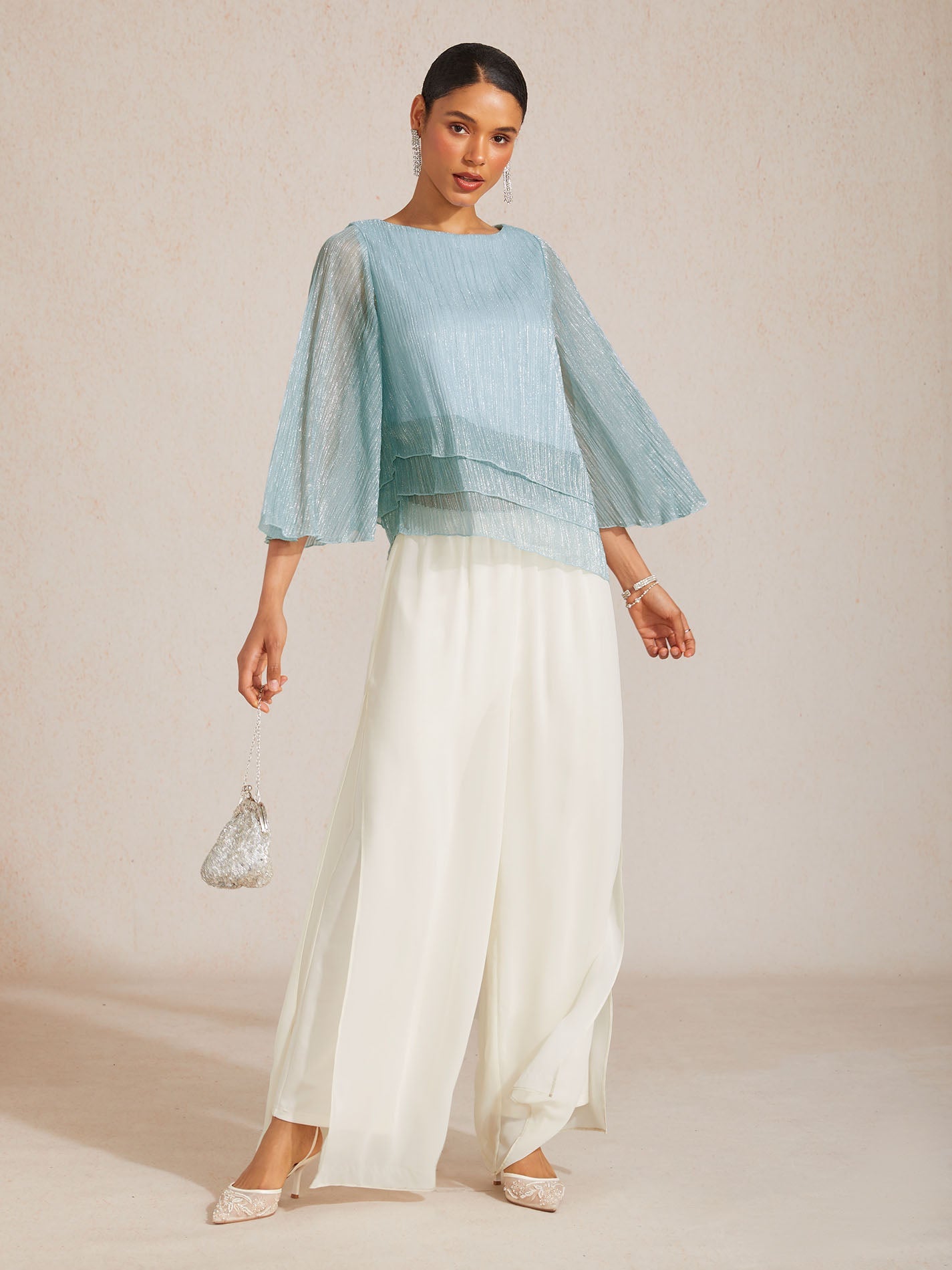 Blusa Asimmetrica a Strati in Chiffon Metallizzato Pieghettato