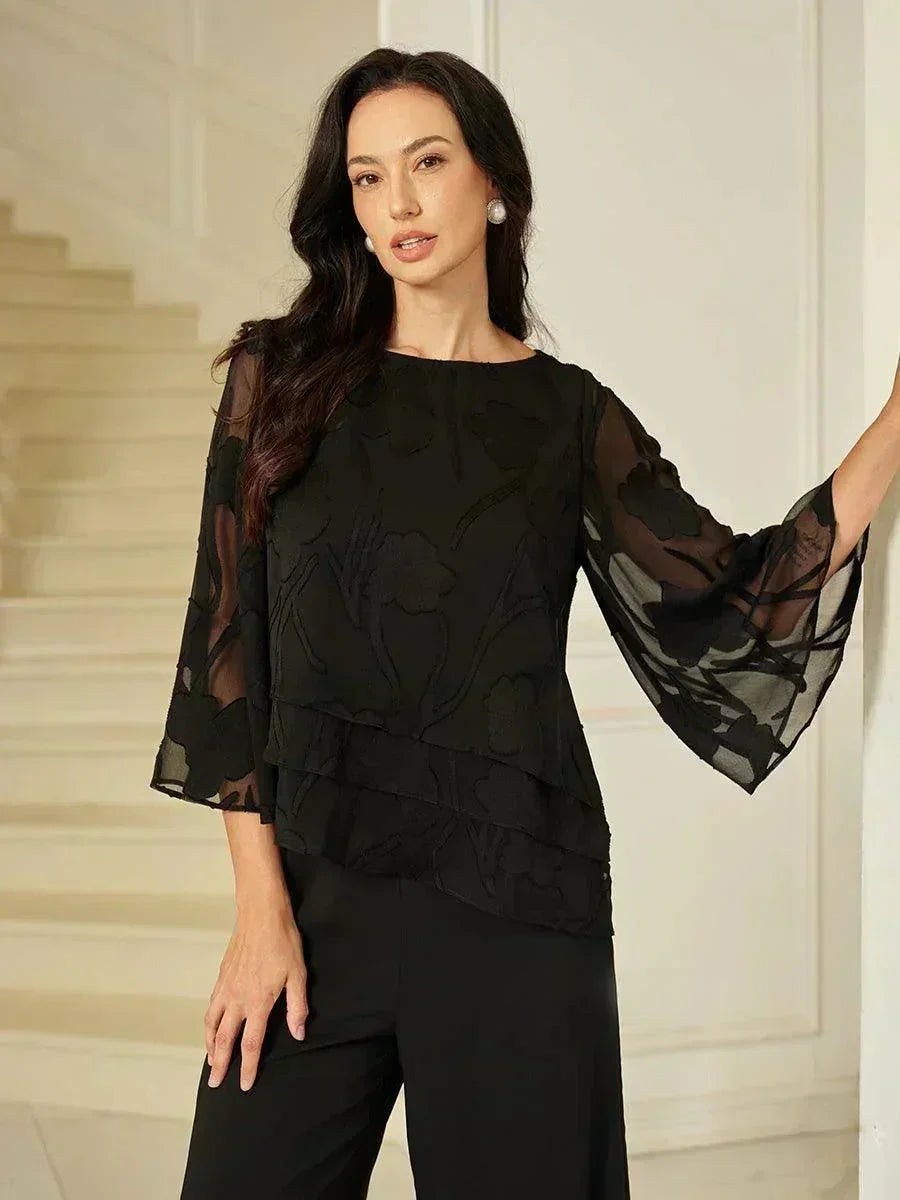 Blusa a Strati in Chiffon con Motivo Floreale