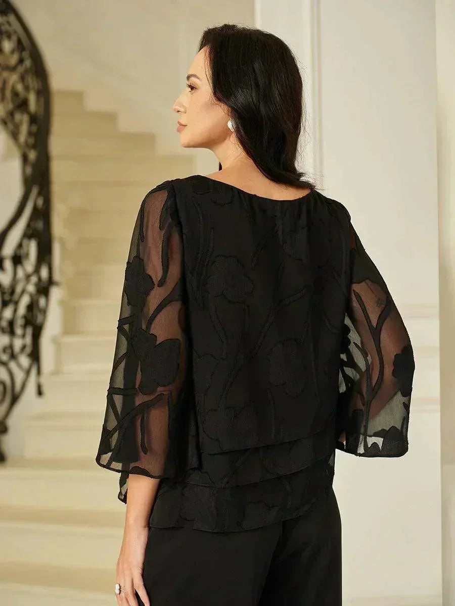Blusa a Strati in Chiffon con Motivo Floreale