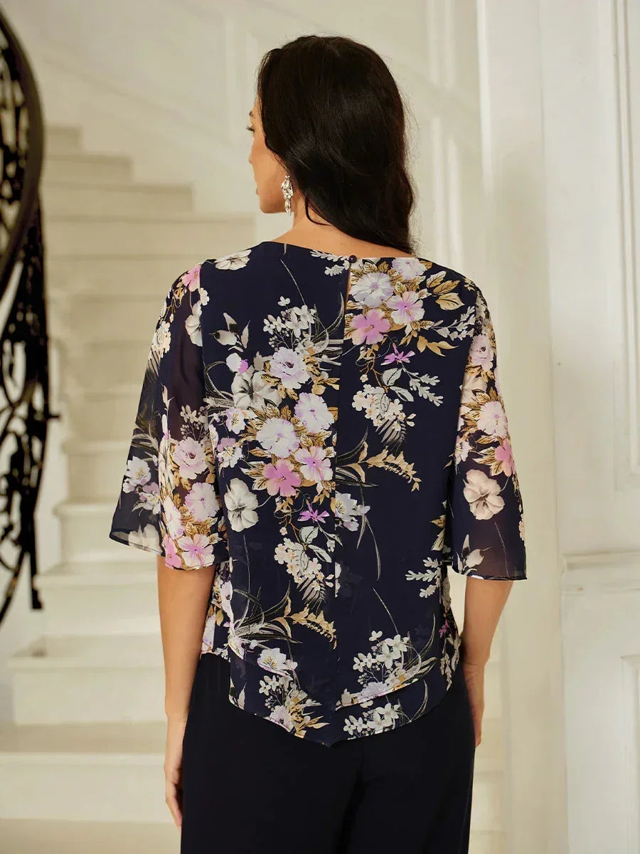 Top in Chiffon Floreale con Orlo a Strati